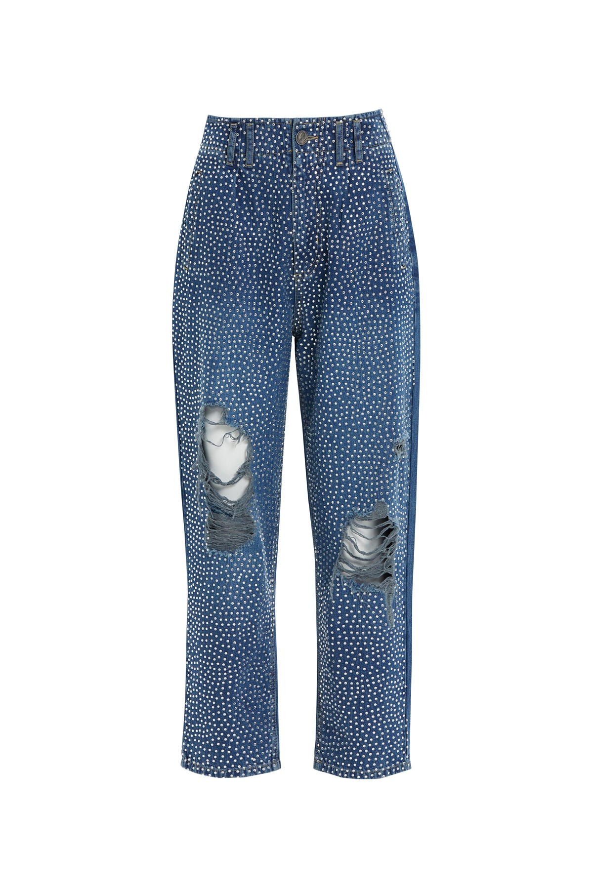Beli Lastikli Eskitme Efektli Mavi Mom Jean