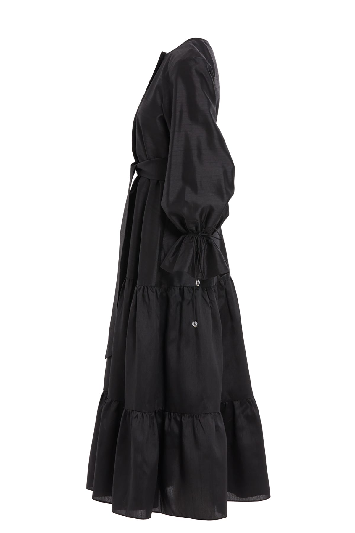 Taşlı Düğmeli Seyyar İç Elbiseli Maxi Boy Büzgülü Elbise