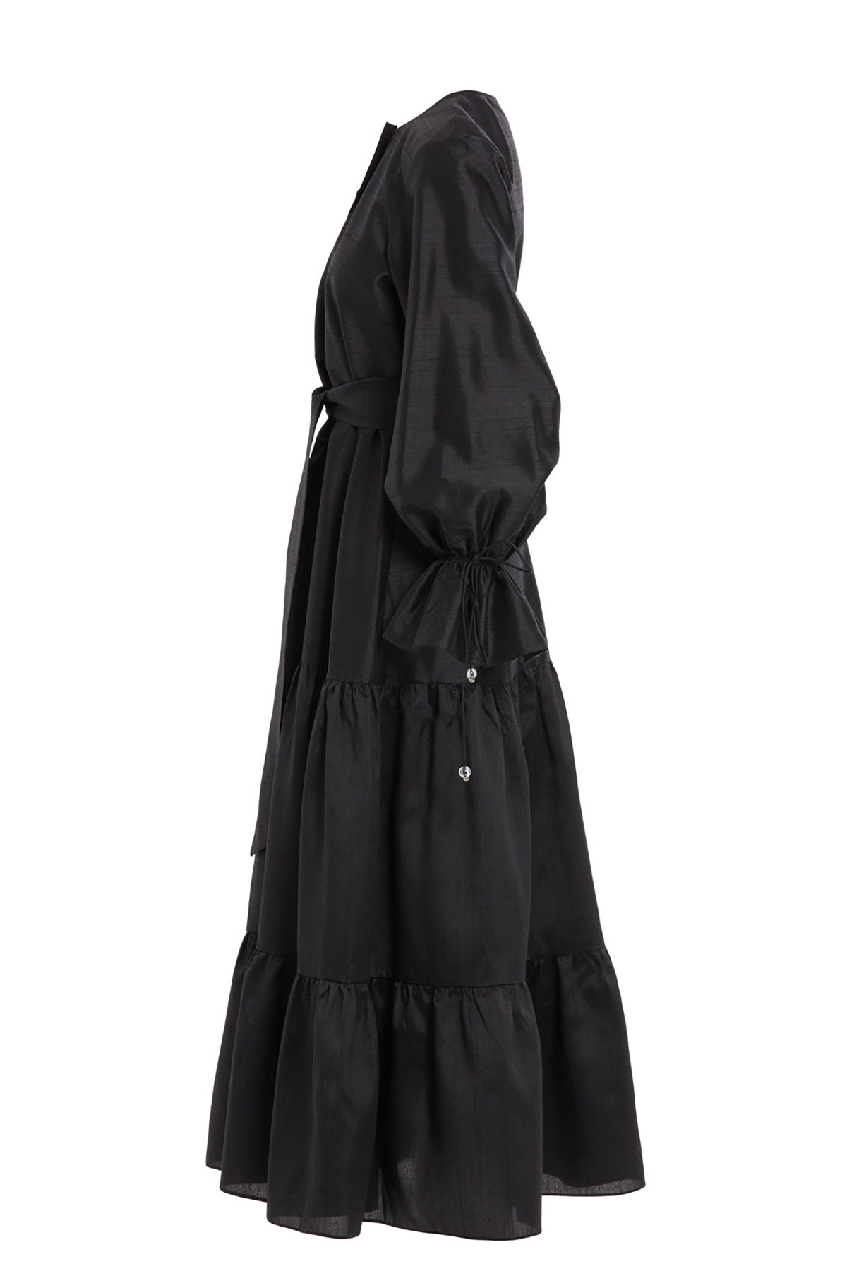 Taşlı Düğmeli Seyyar İç Elbiseli Maxi Boy Büzgülü Elbise