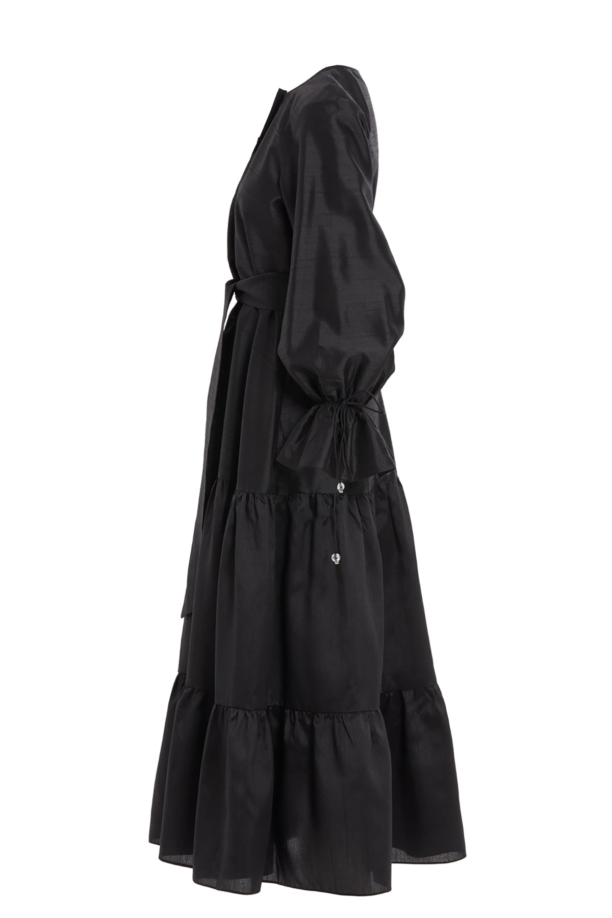 Taşlı Düğmeli Seyyar İç Elbiseli Maxi Boy Büzgülü Elbise