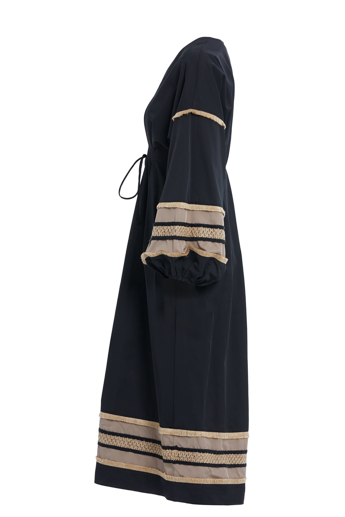 Beli Bağcıklı Kolları Büzgülü Kahve Midi Boy Elbise