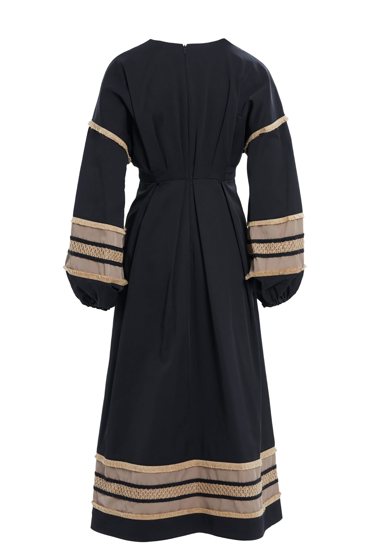 Beli Bağcıklı Kolları Büzgülü Kahve Midi Boy Elbise