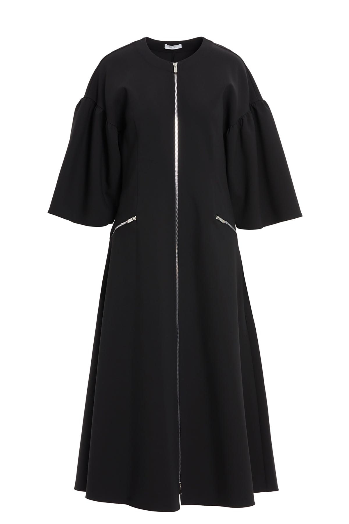 Yuvarlak Yakalı Ön Ve Ceplerinden Fermuarlı Astarsız Maxi Boy Elbise