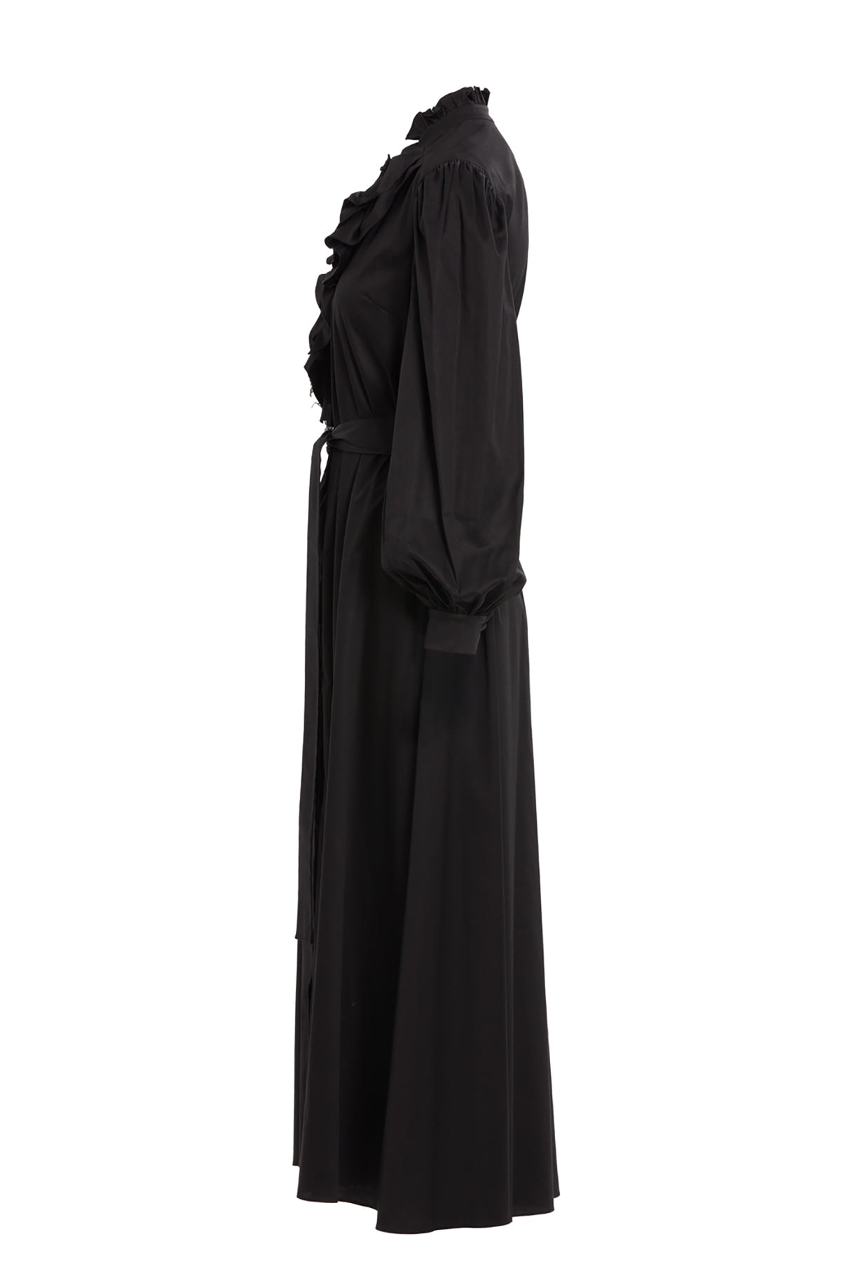 Fırfır Detaylı Belden Bağlamalı Maxi Astarlı Elbise