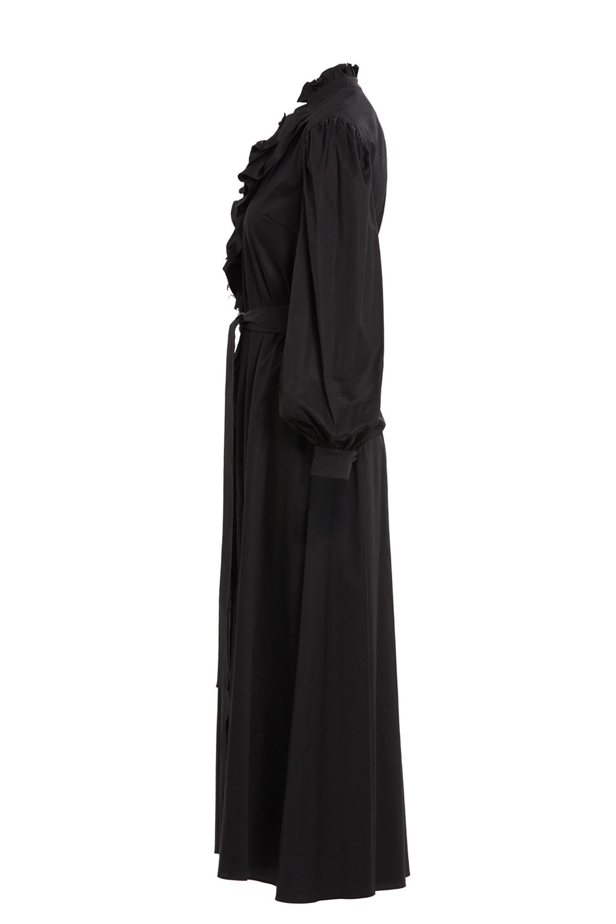 Fırfır Detaylı Belden Bağlamalı Maxi Astarlı Elbise