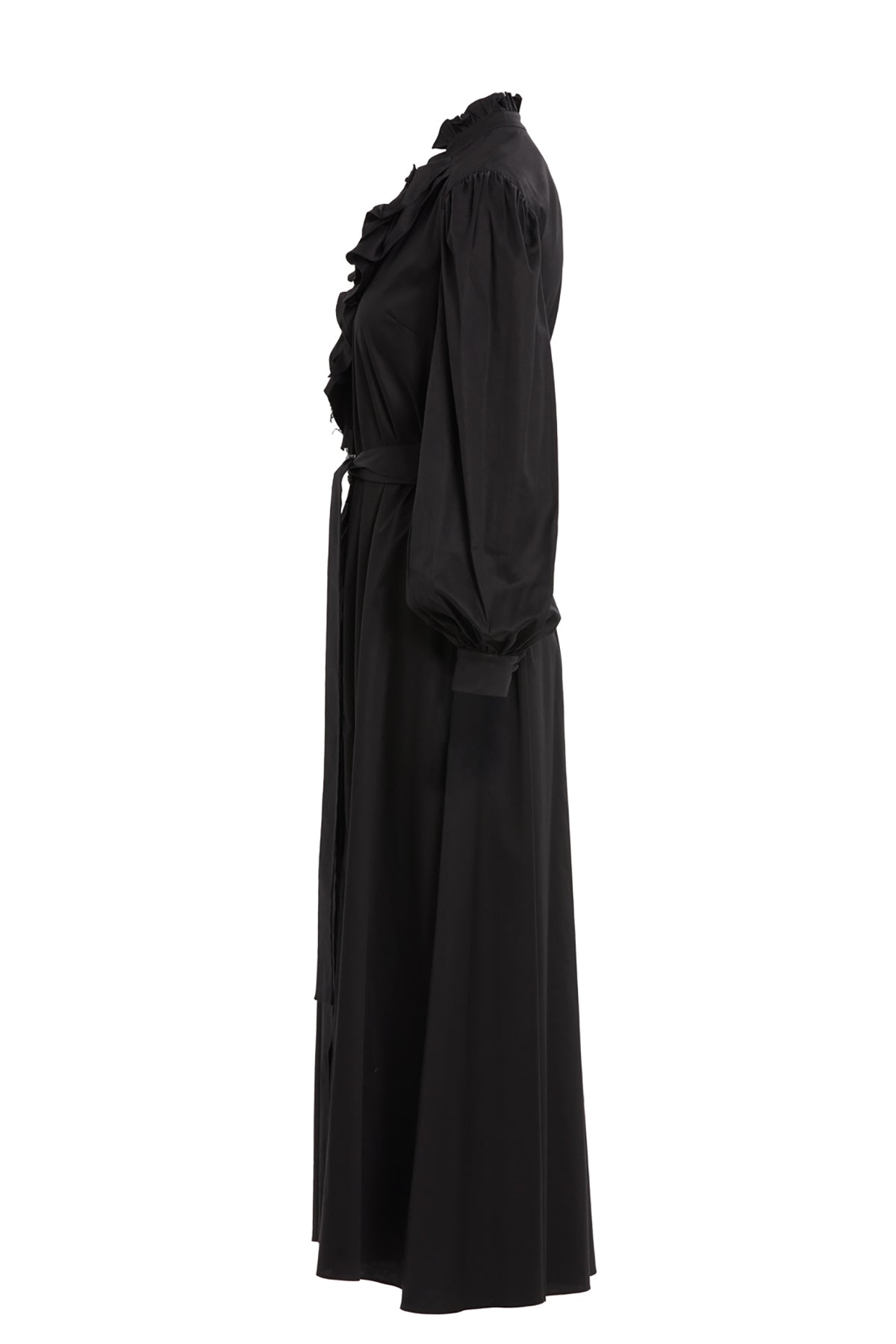 Fırfır Detaylı Belden Bağlamalı Maxi Astarlı Elbise