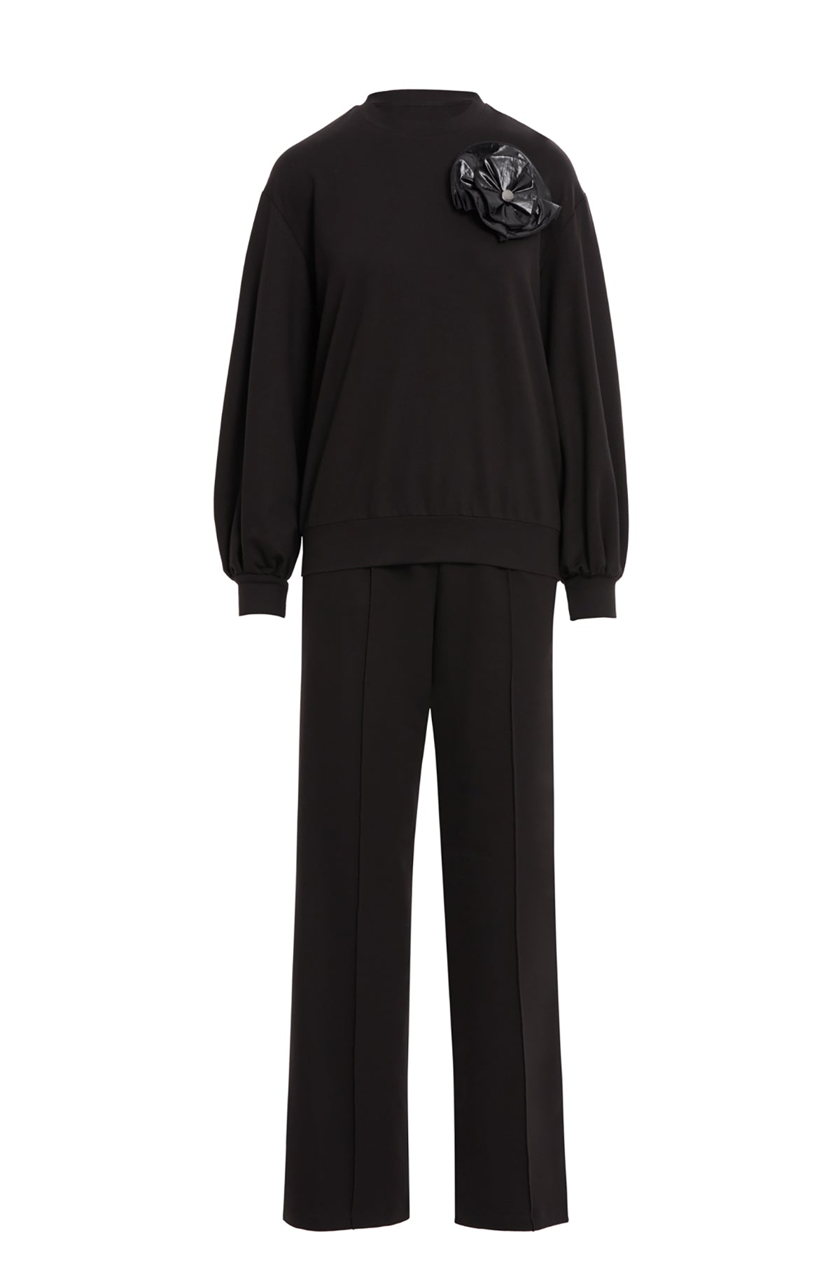 Broş Detaylı Büzgülü Kollu Pantolon T-shirt Takım