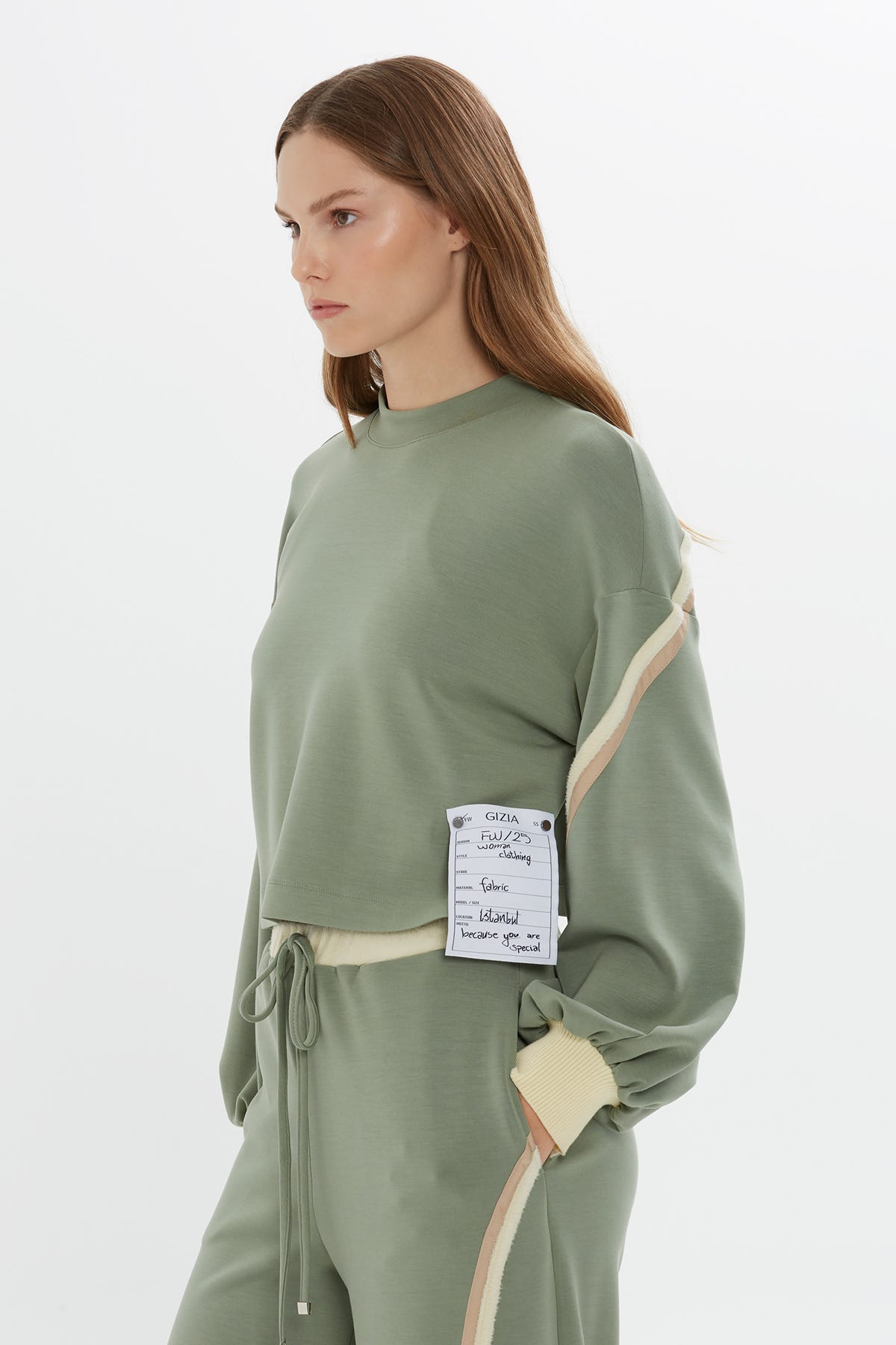 Şerit Detaylı Rahat Kesim Yeşil Sweatshirt