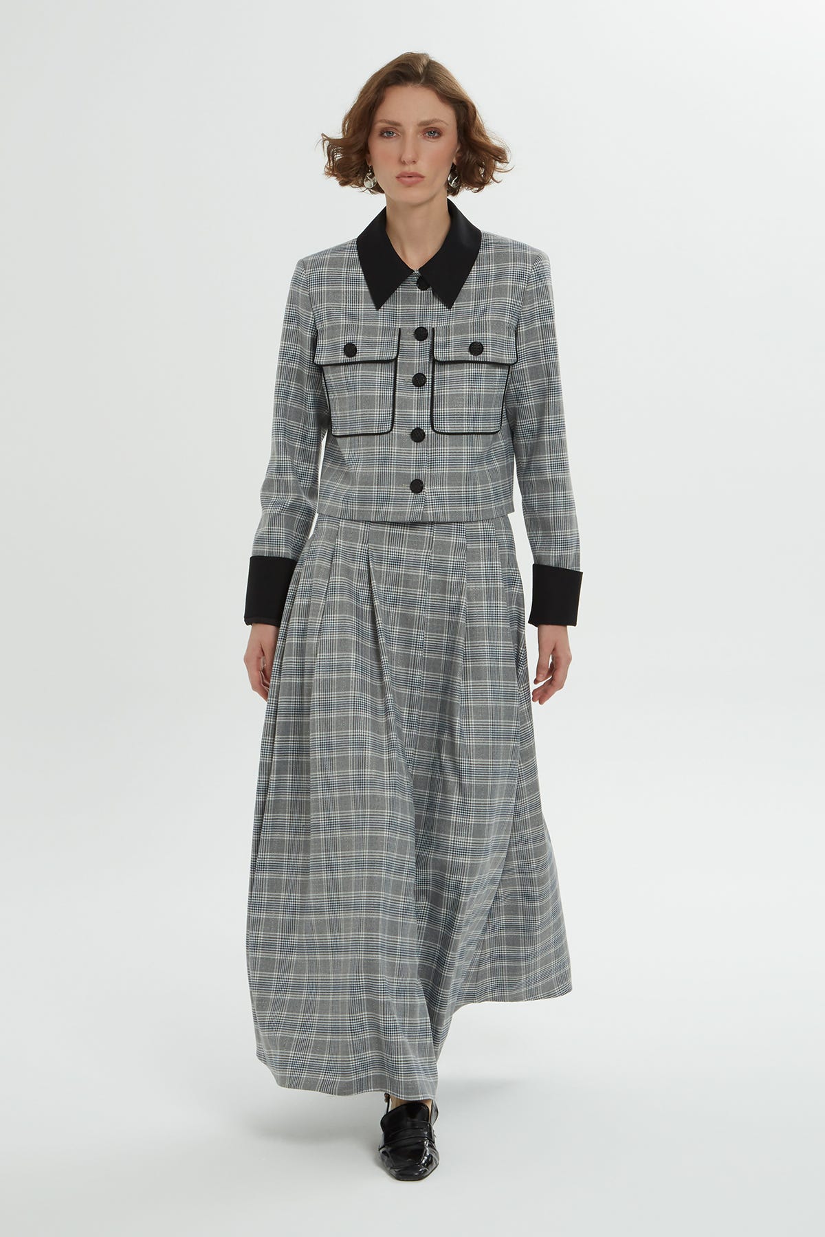 Ekose Desenli Gömlek Yaka Etekli Takım