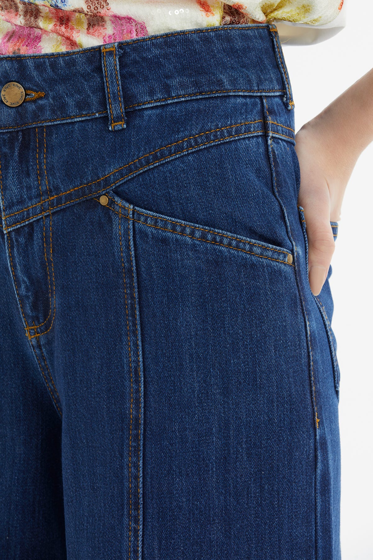 Rivet Detaylı Kontrast Dikişli Geniş Paça Jean Pantolon