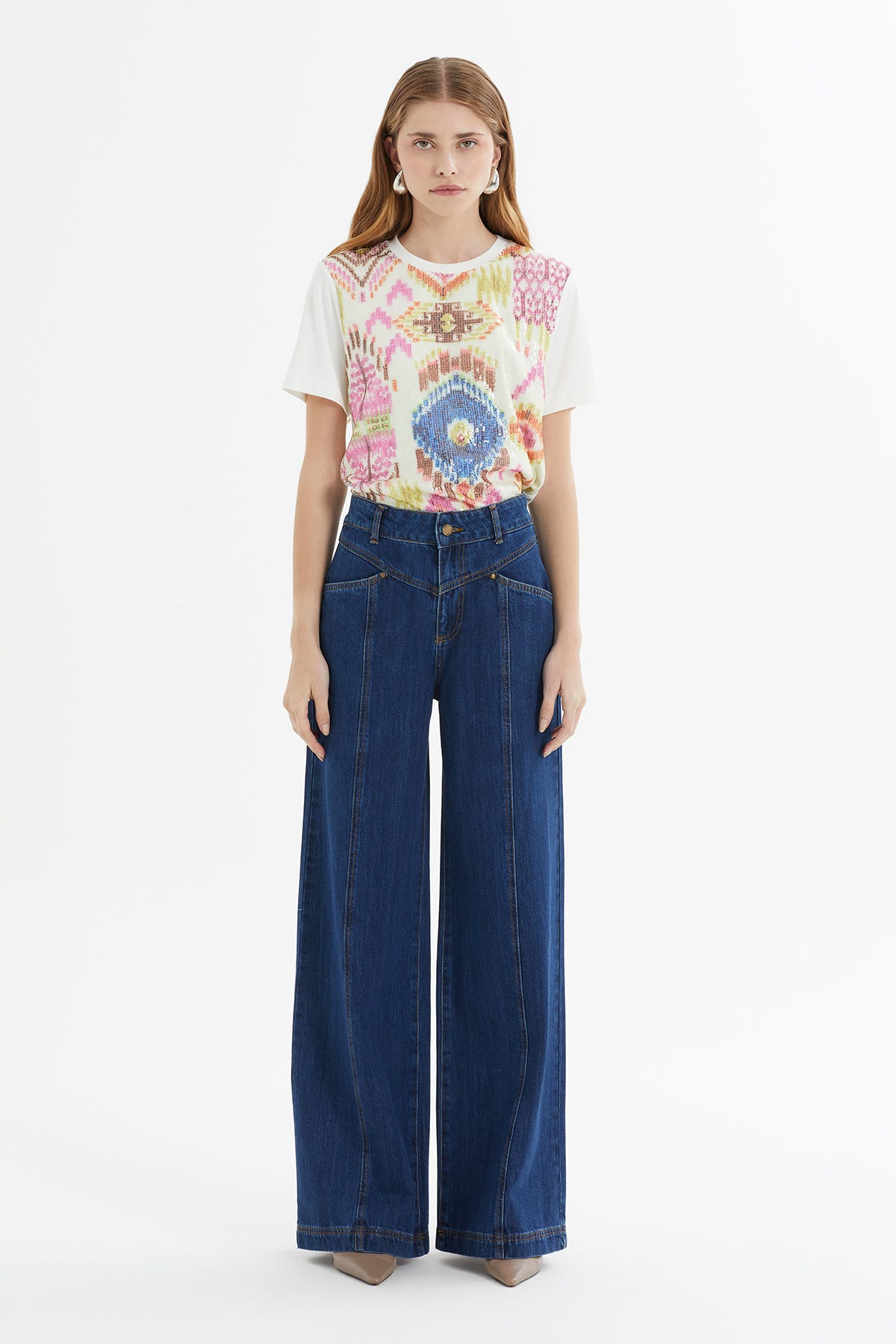 Rivet Detaylı Kontrast Dikişli Geniş Paça Jean Pantolon