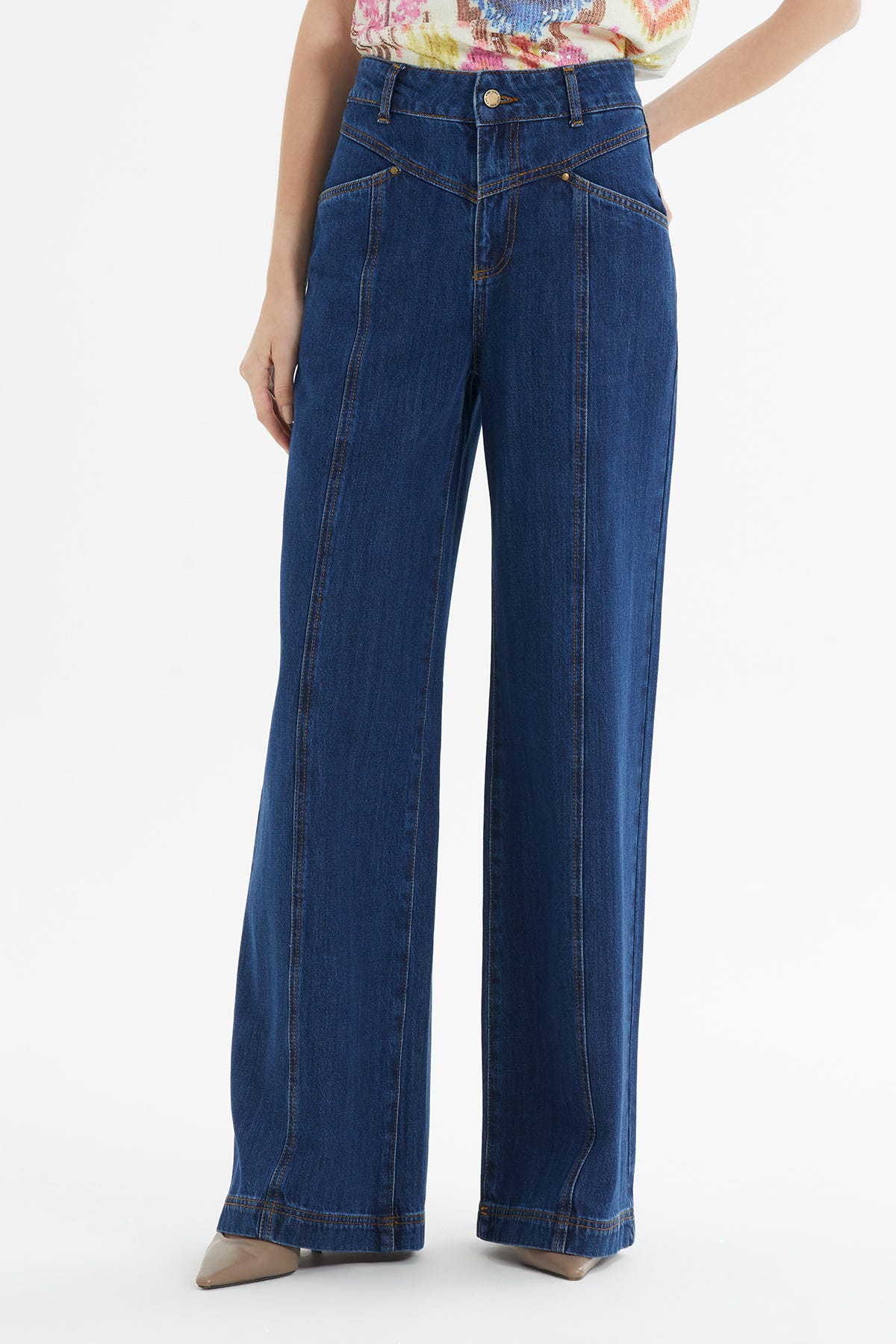 Rivet Detaylı Kontrast Dikişli Geniş Paça Jean Pantolon