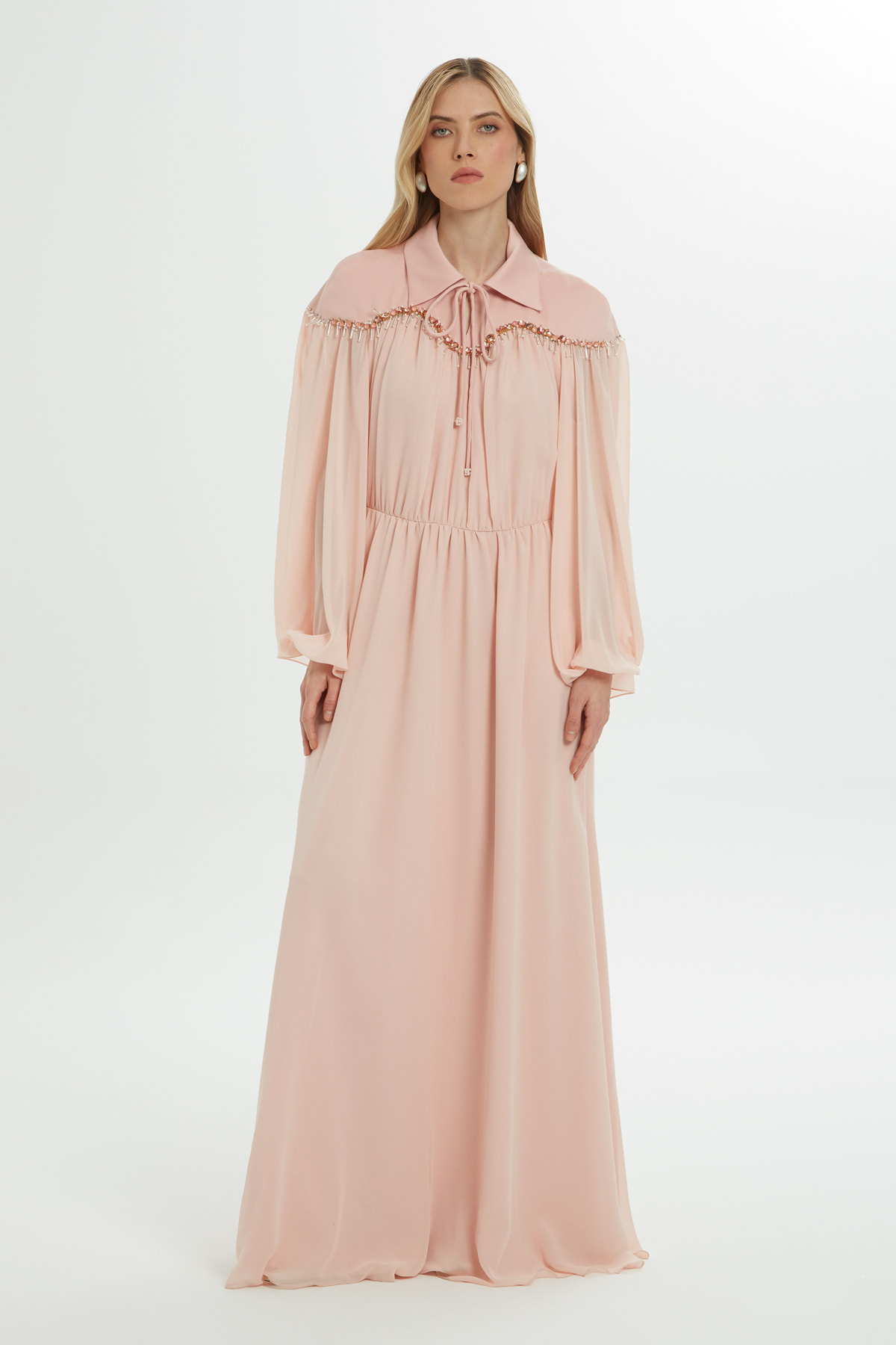 Gömlek Yakalı Robası İşlemeli Uzun Elbise