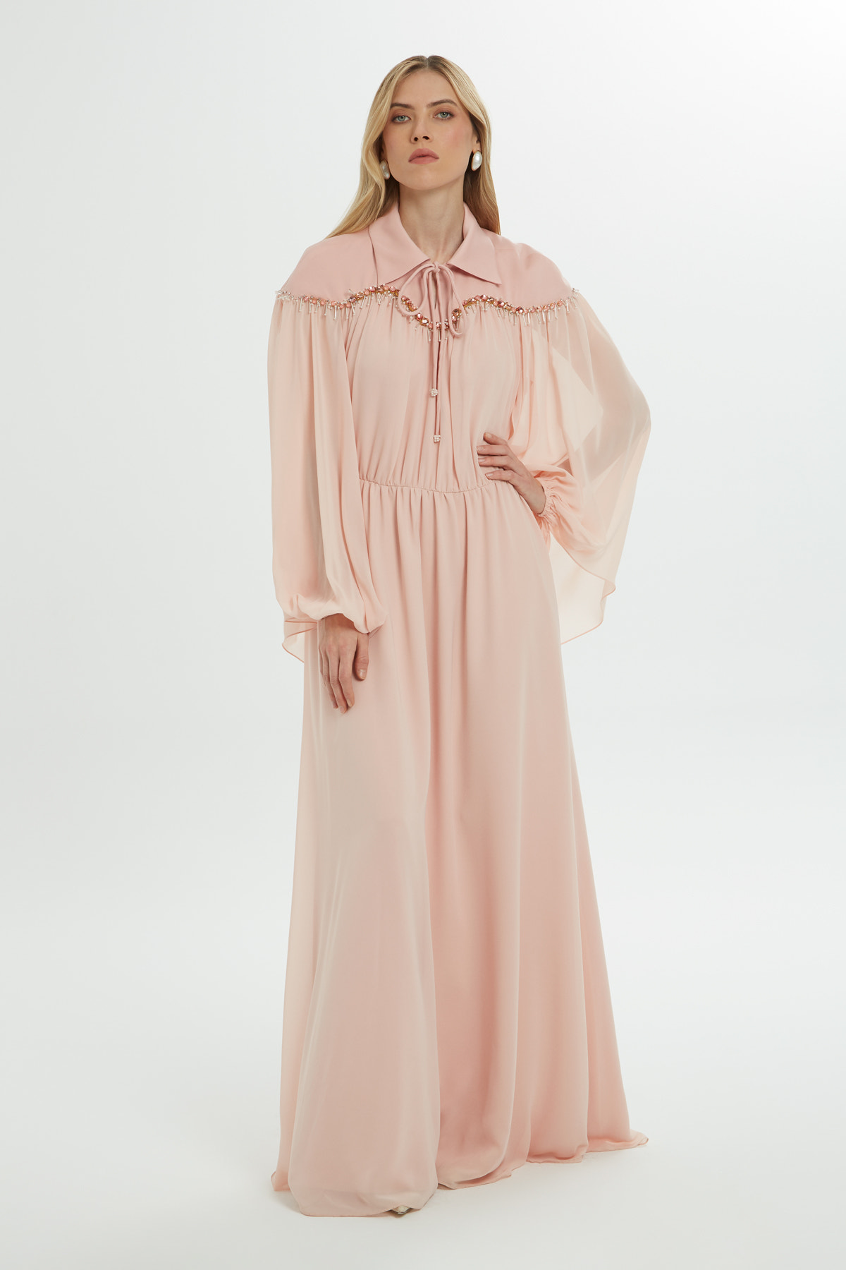 Gömlek Yakalı Robası İşlemeli Uzun Elbise