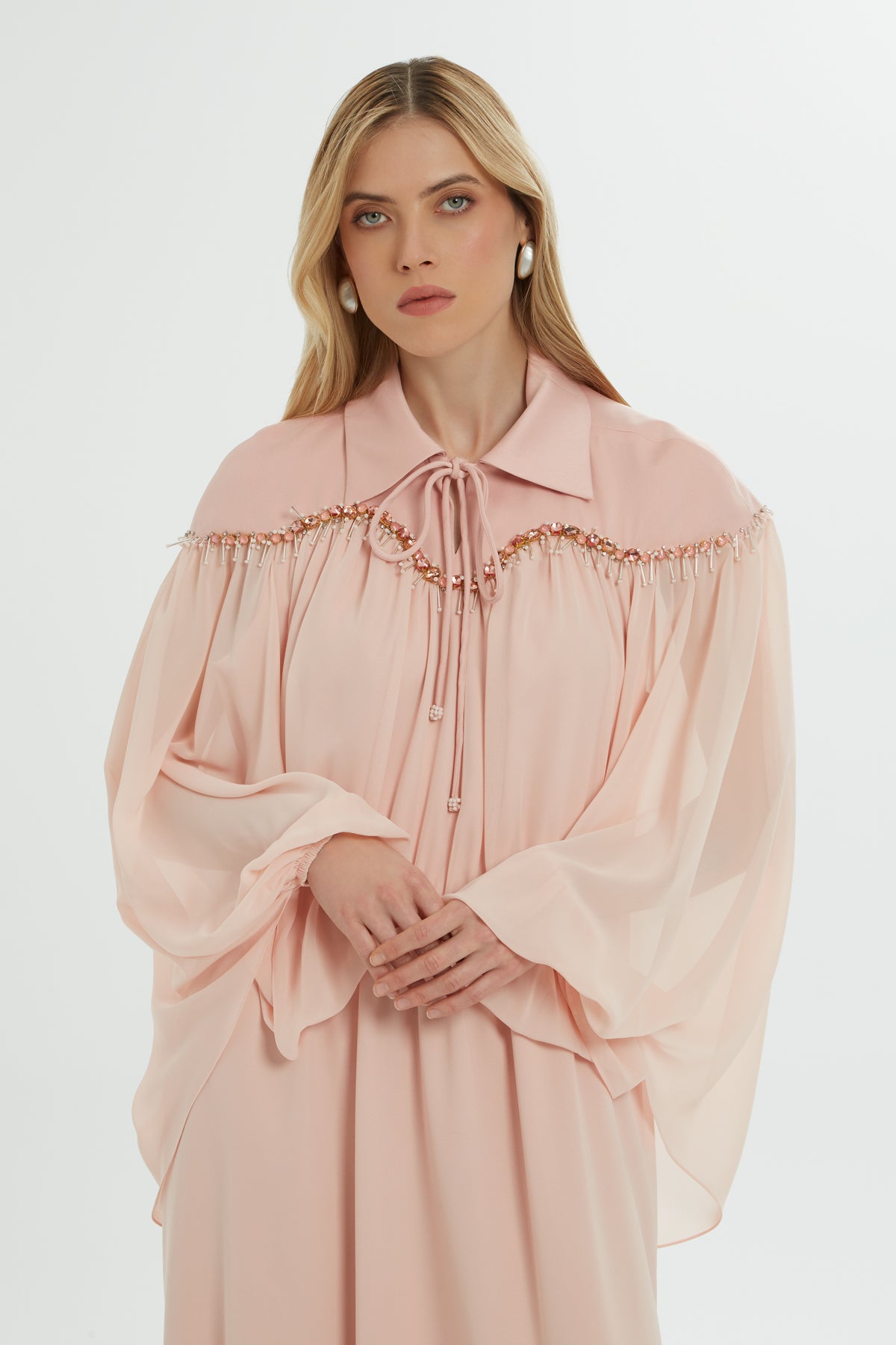 Gömlek Yakalı Robası İşlemeli Uzun Elbise