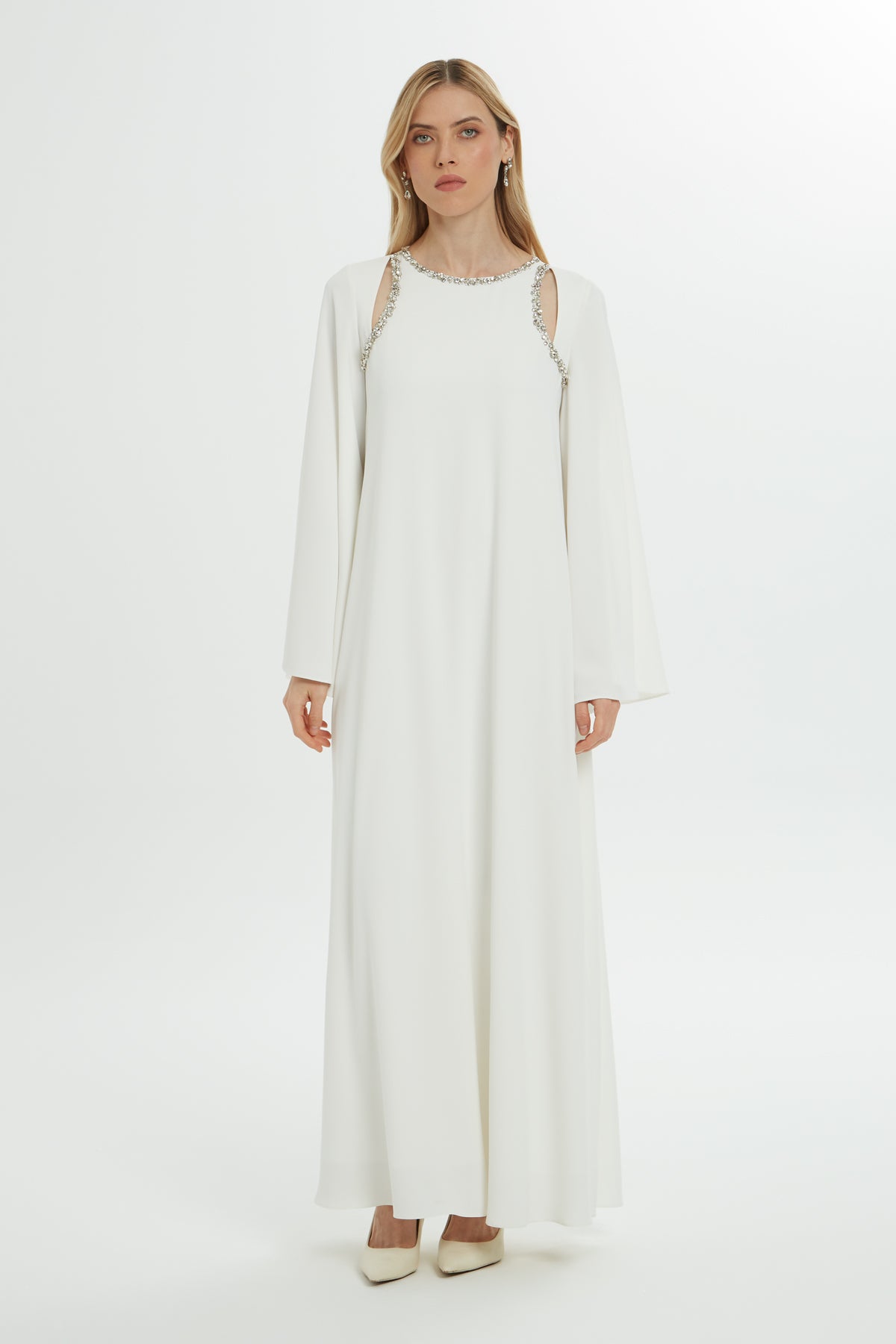 Pencere Detaylı İşlemeli Uzun Elbise