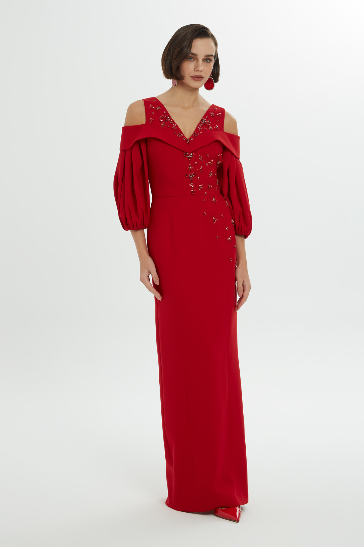 Omuz Dekolteli Balon Kollu Uzun Elbise