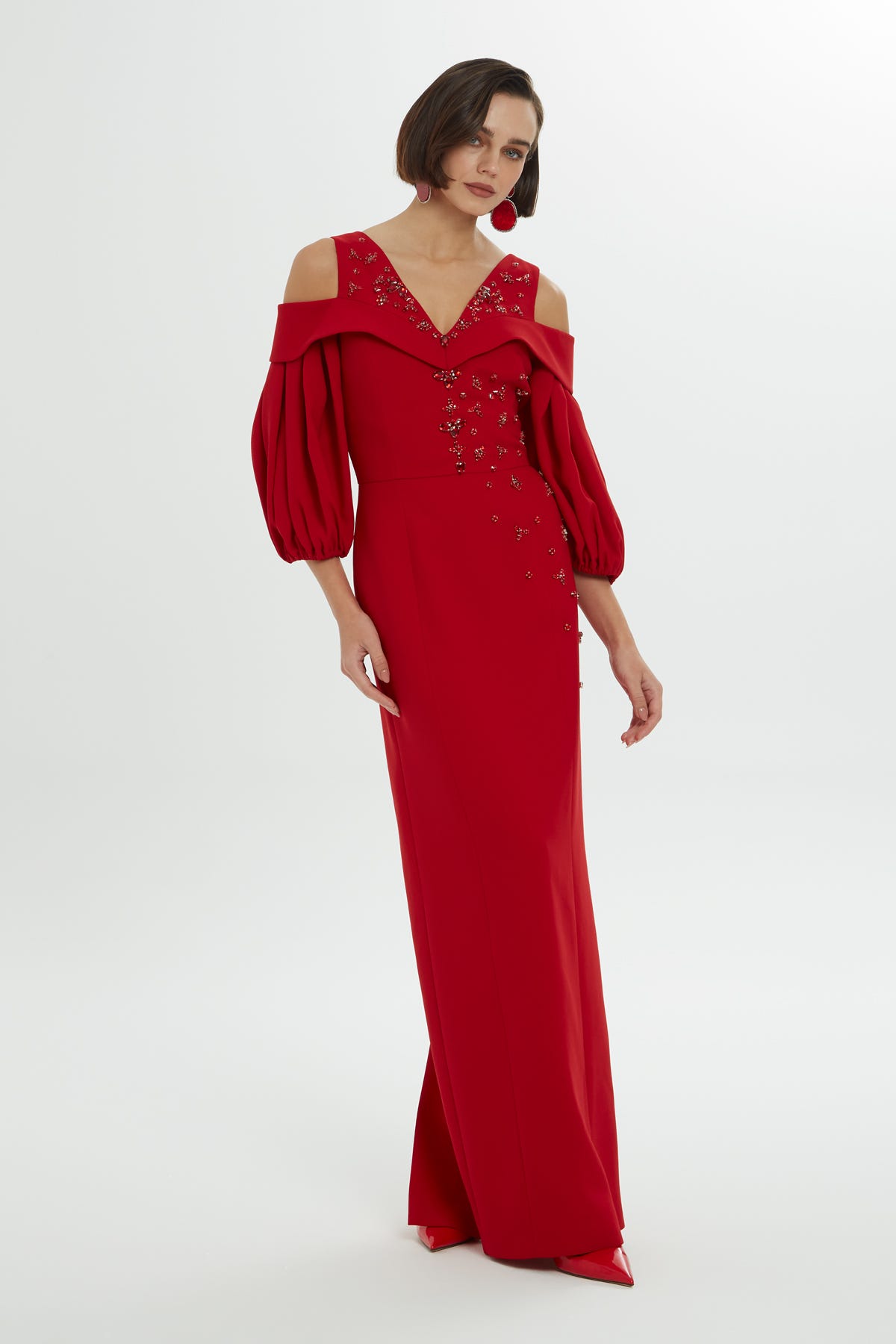 Omuz Dekolteli Balon Kollu Uzun Elbise