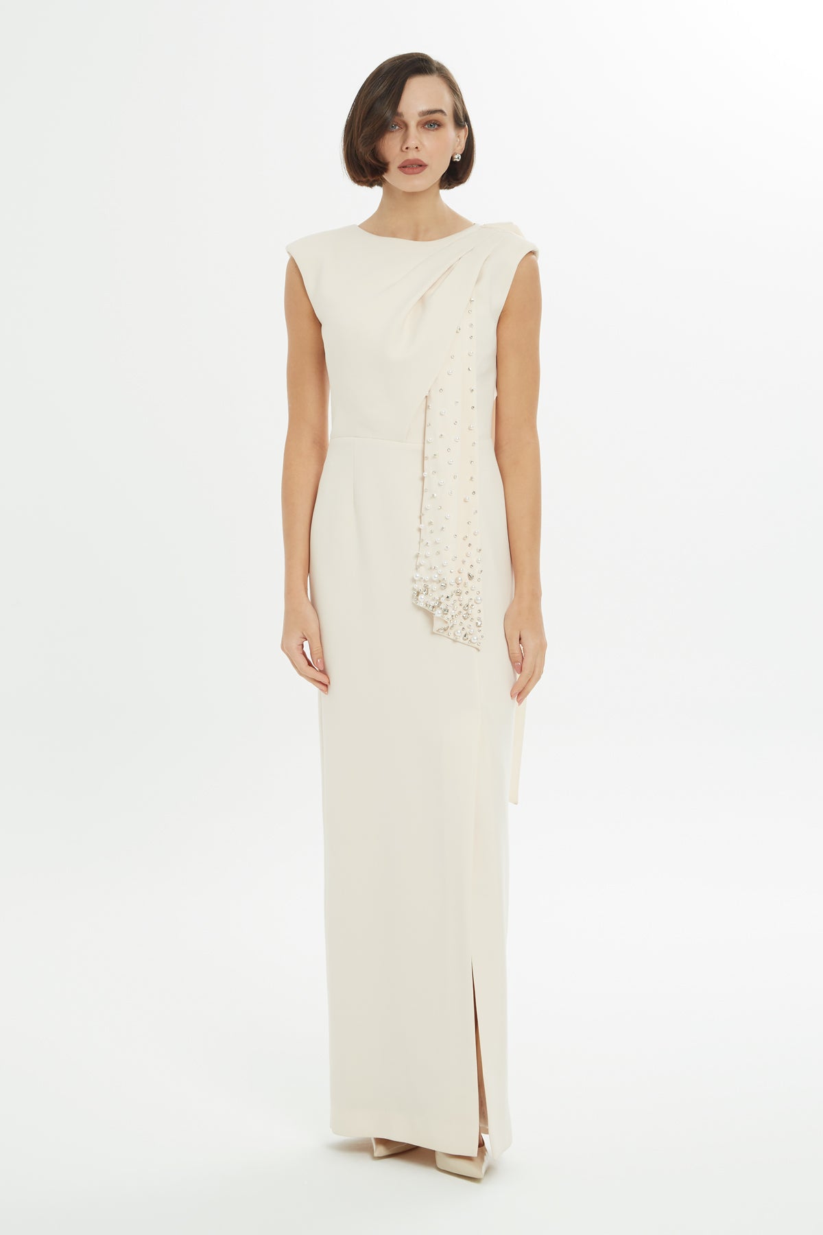 Yan Yırtmaçlı İşlemeli Uzun Elbise