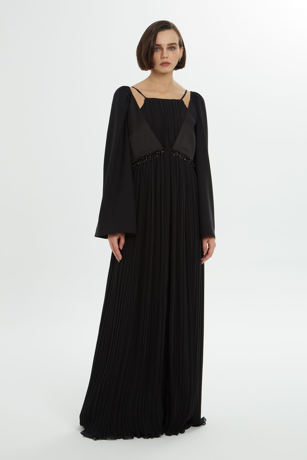 Piliseli Boncuk İşlemeli Uzun Elbise