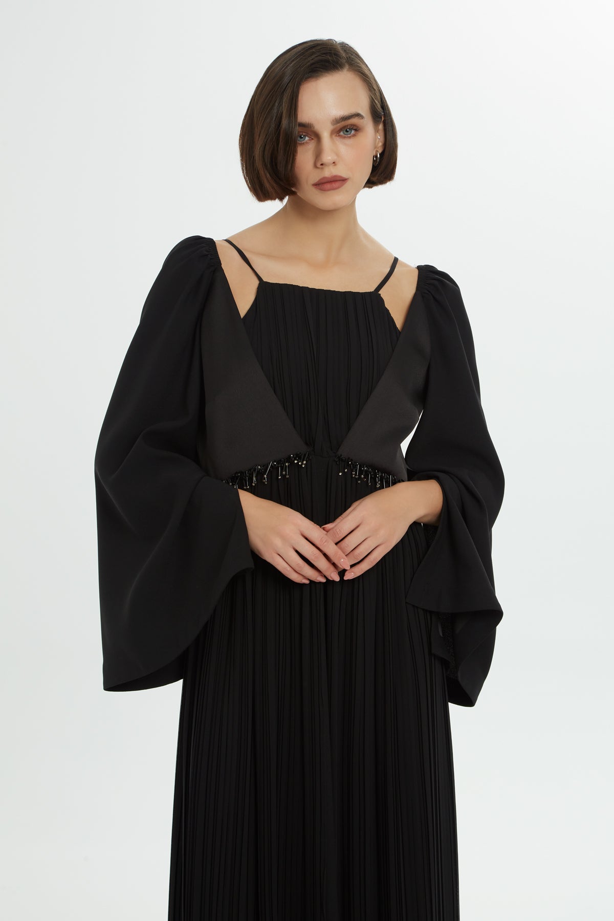 Piliseli Boncuk İşlemeli Uzun Elbise