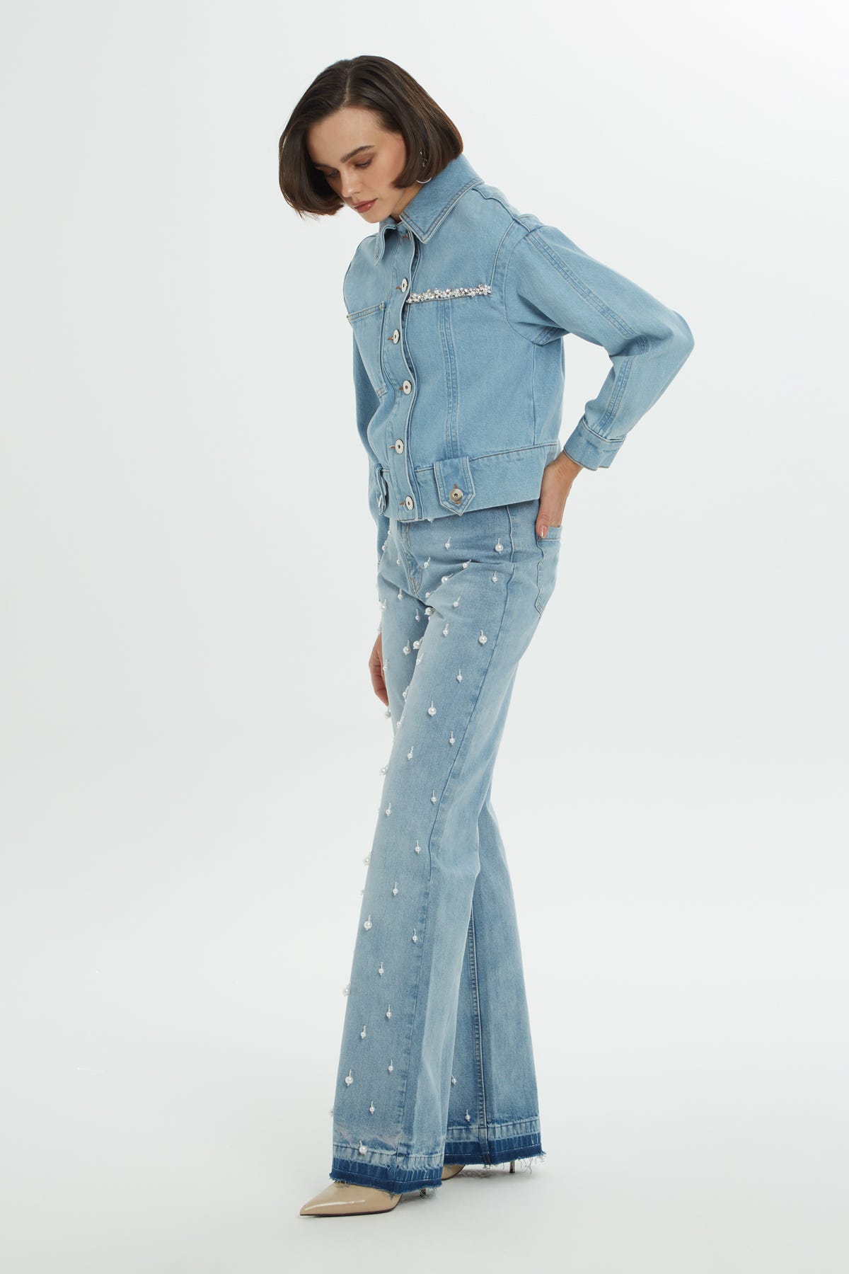 Pencere Detaylı Taşlı Jean Ceket