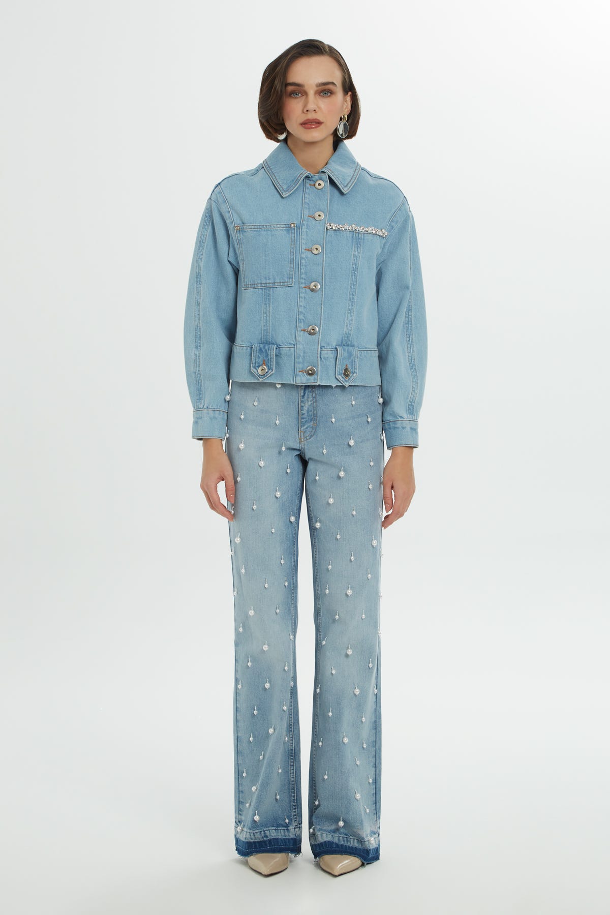 Pencere Detaylı Taşlı Jean Ceket