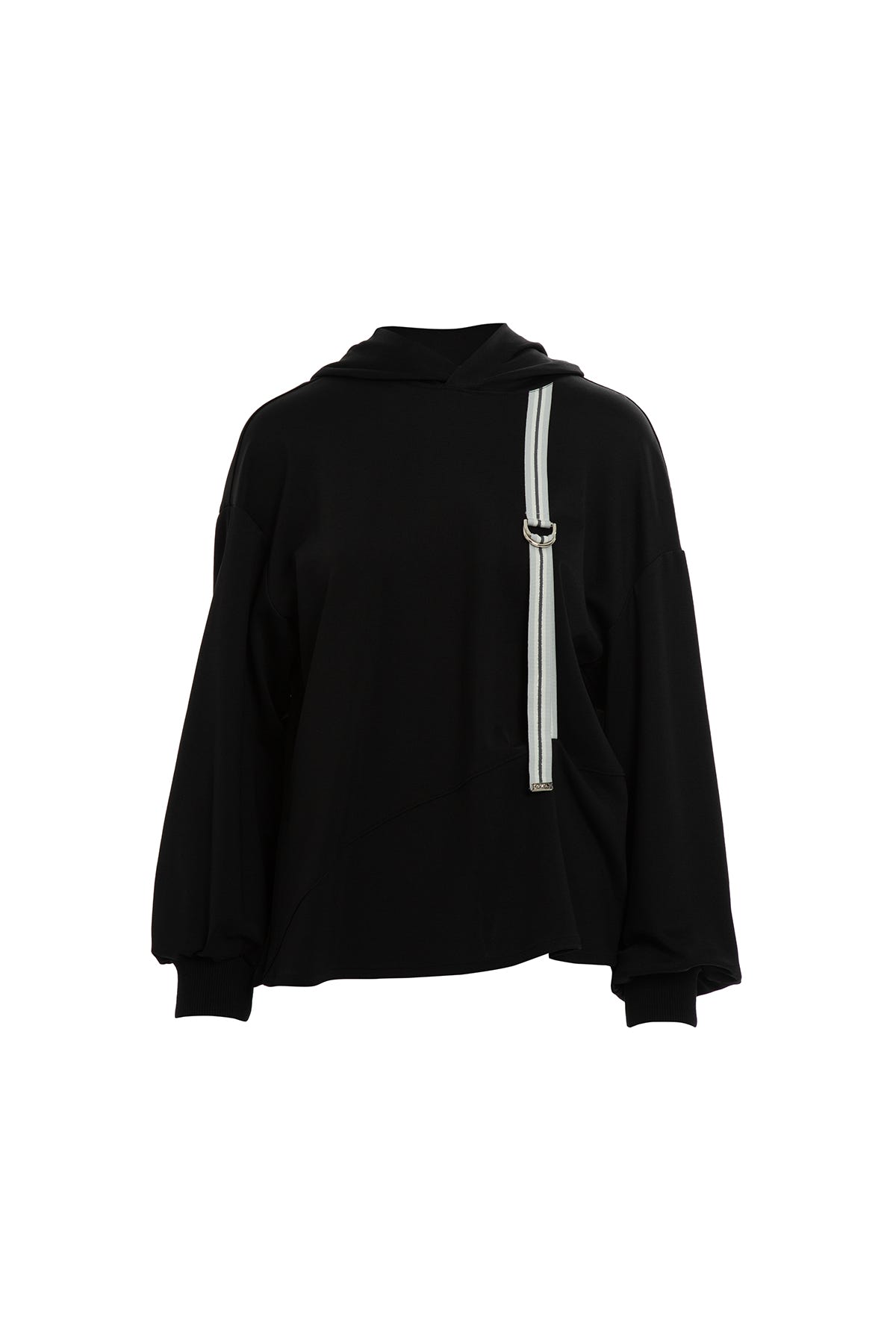 Büzgülü Kapüşonlu Uzun Kollu Siyah Sweatshirt