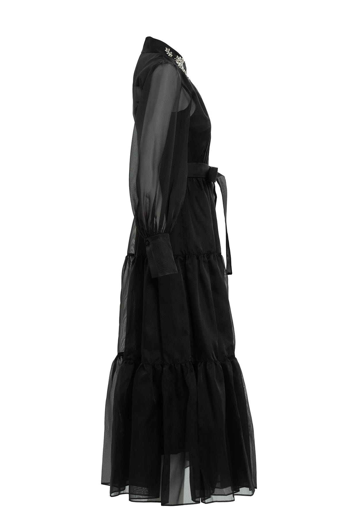 İşlemeli Gömlek Yaka Uzun Elbise