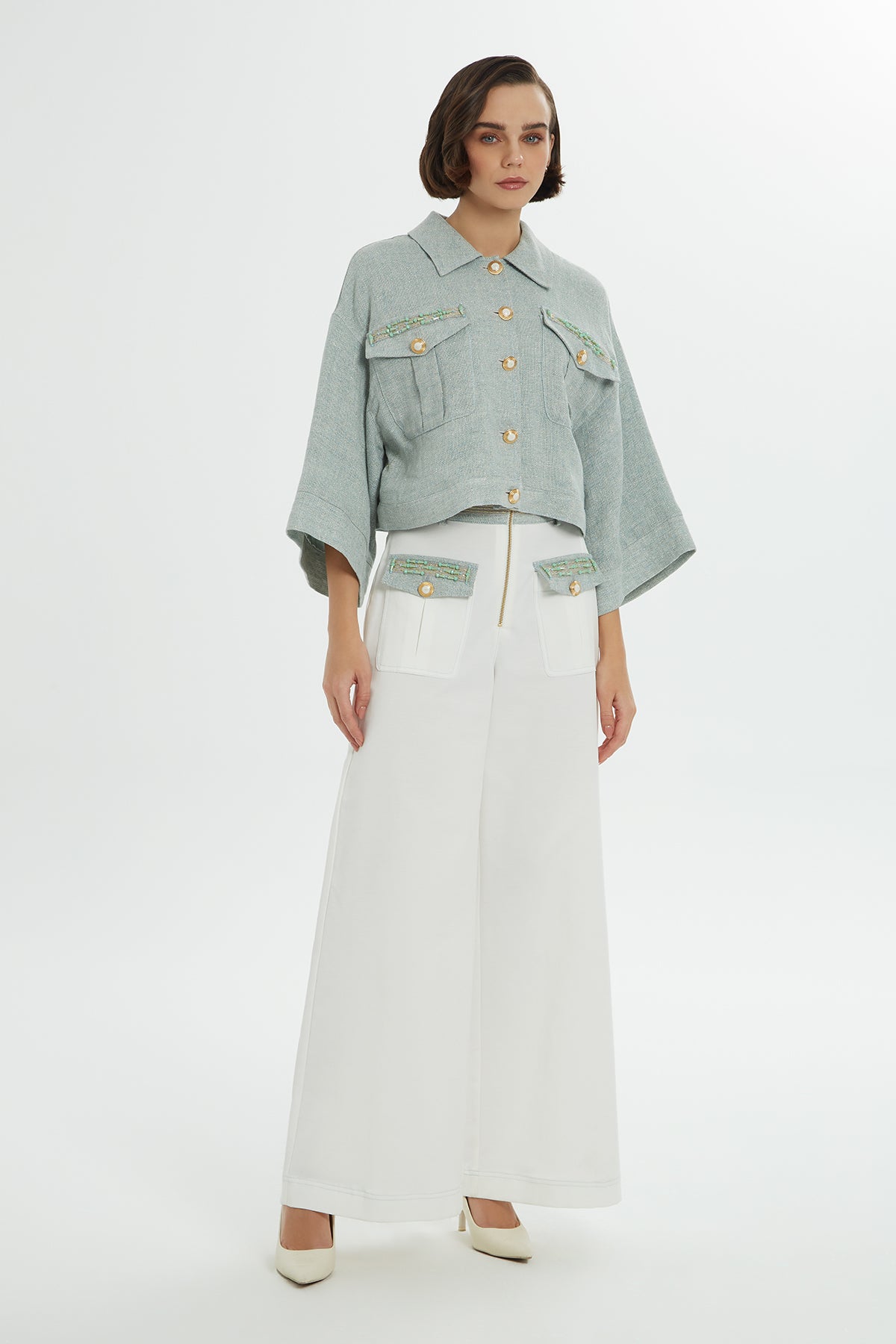 Cep Kapak Üstü İşlemeli Ve Düğme Detaylı Fermuarlı Palazzo Pantolon