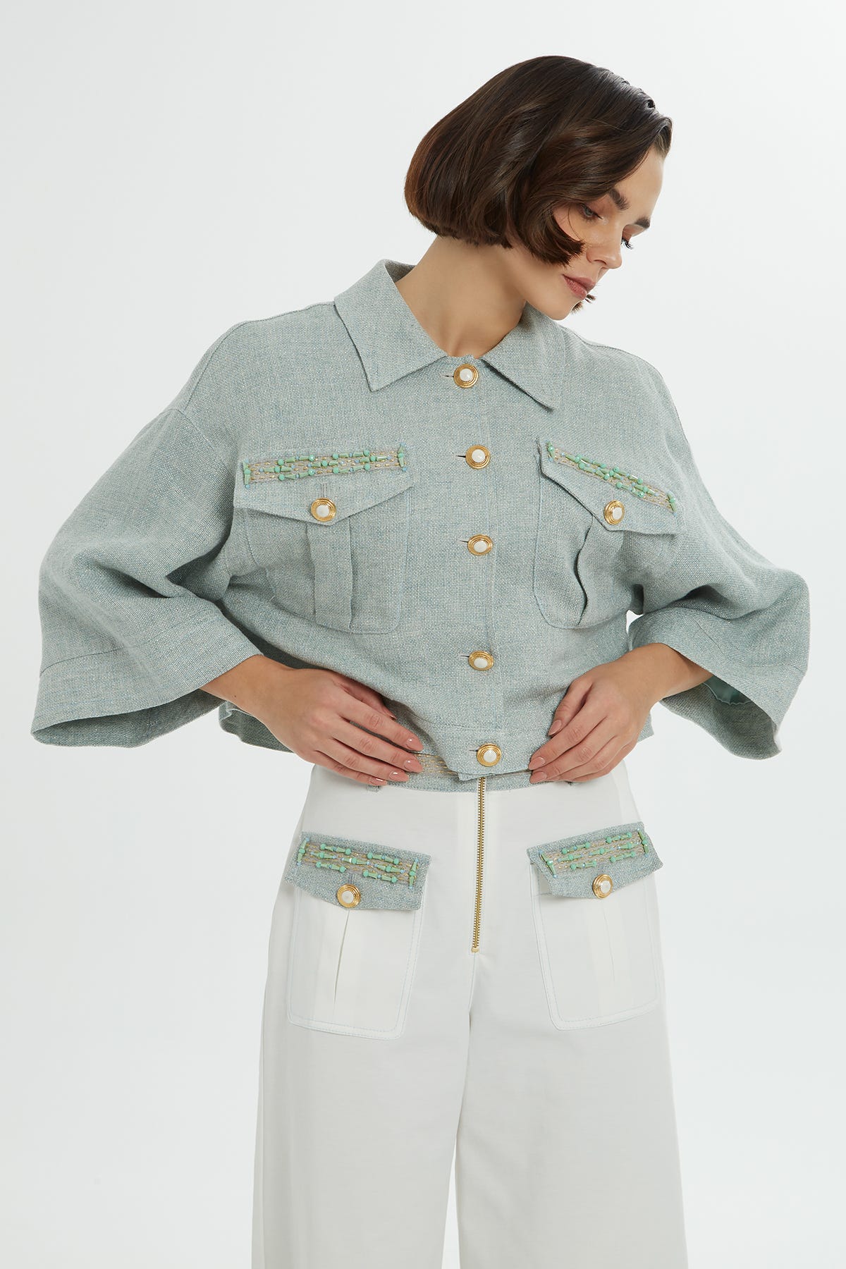 Cep Kapak Üstü İşlemeli Ve Düğme Detaylı Fermuarlı Palazzo Pantolon