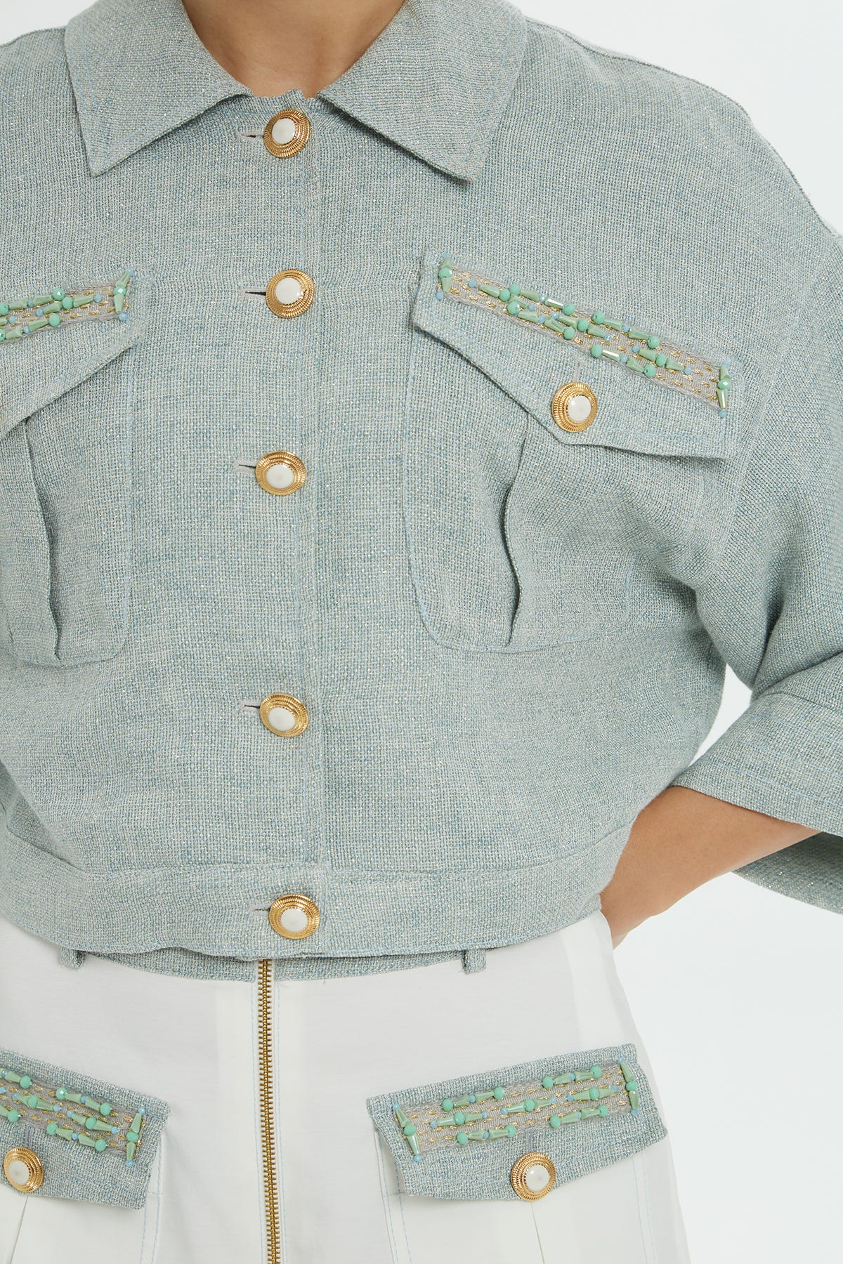 Cep Kapak Üstü İşlemeli Ve Düğme Detaylı Fermuarlı Palazzo Pantolon