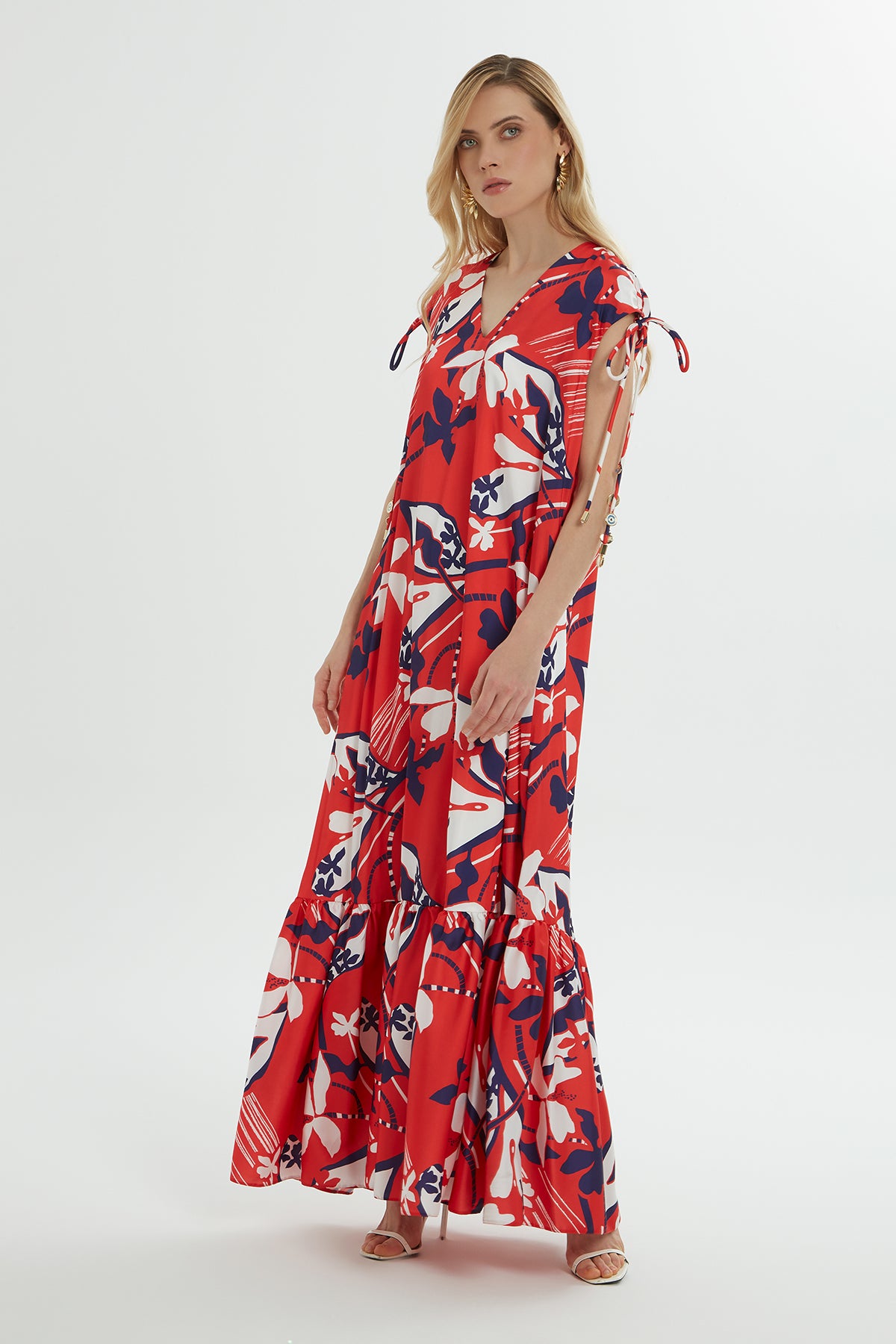 Eteği Volanlı Askılı Desenli Uzun Elbise