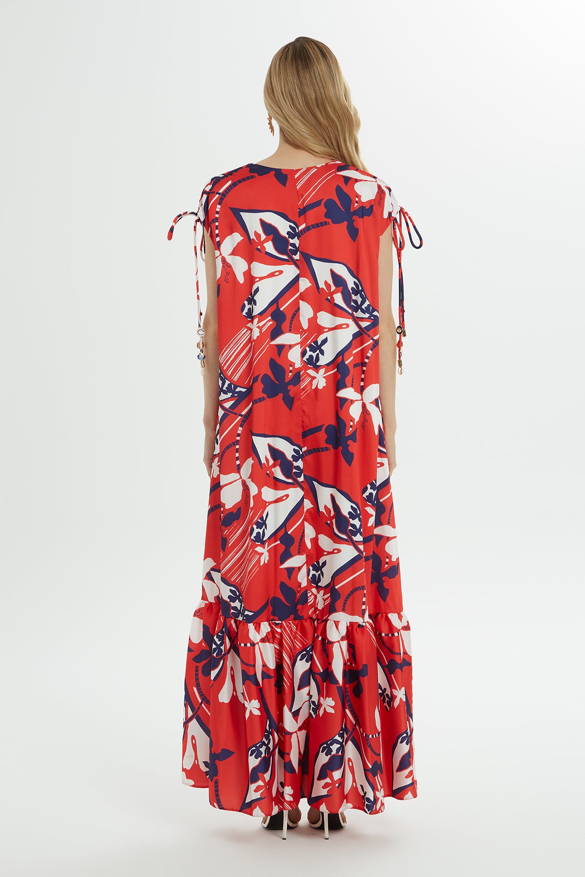 Eteği Volanlı Askılı Desenli Uzun Elbise