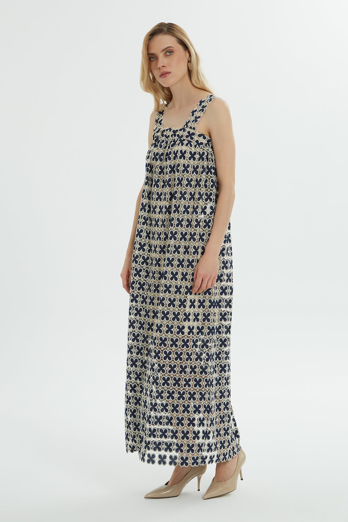 Kalın Askılı Desenli Uzun Elbise