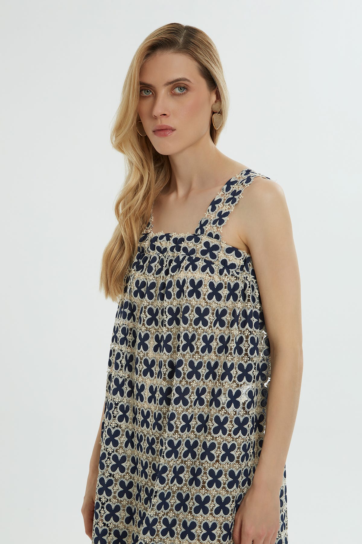 Kalın Askılı Desenli Uzun Elbise