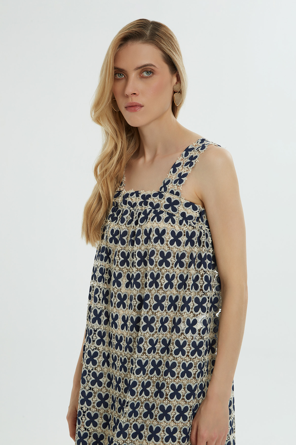 Kalın Askılı Desenli Uzun Elbise