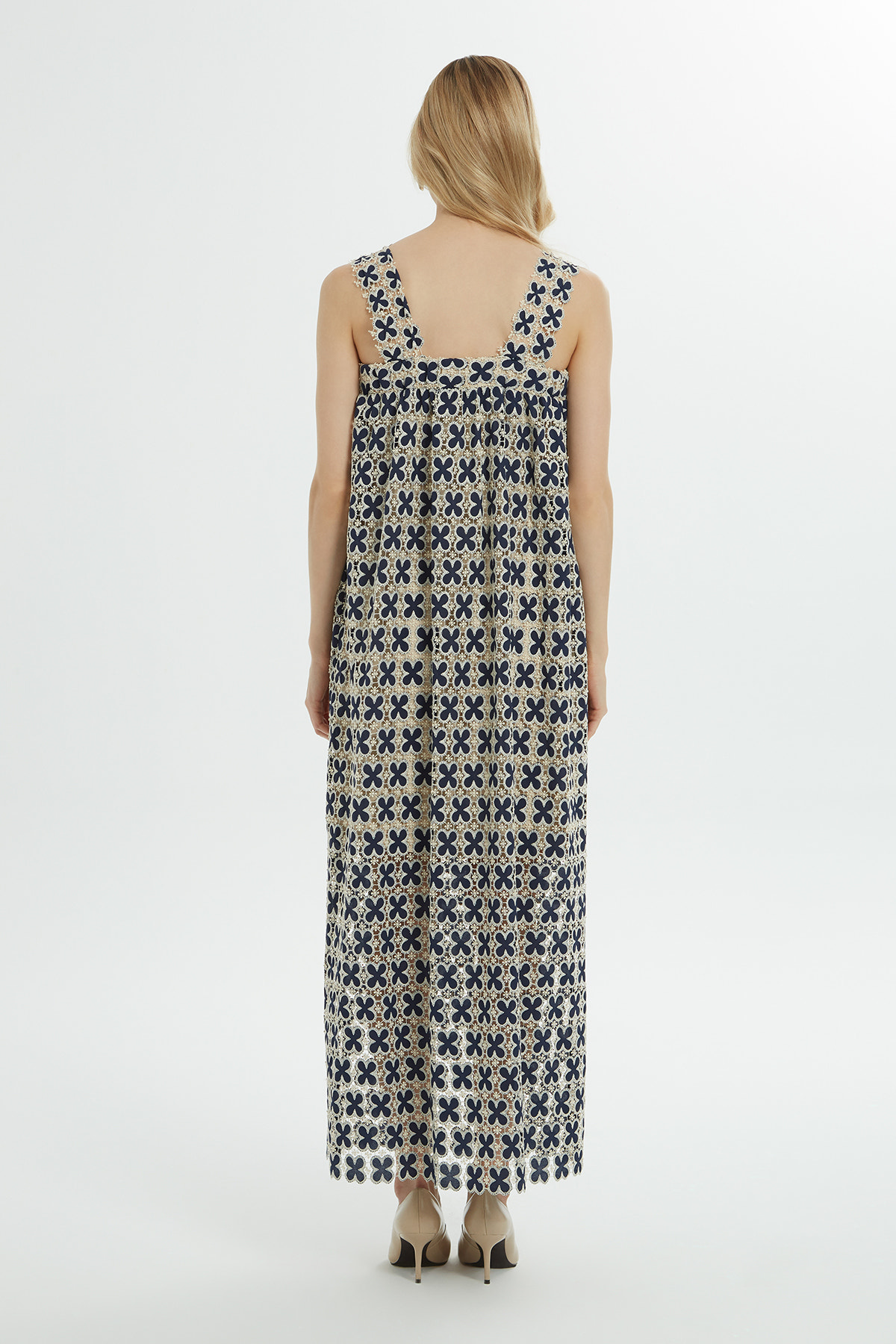 Kalın Askılı Desenli Uzun Elbise