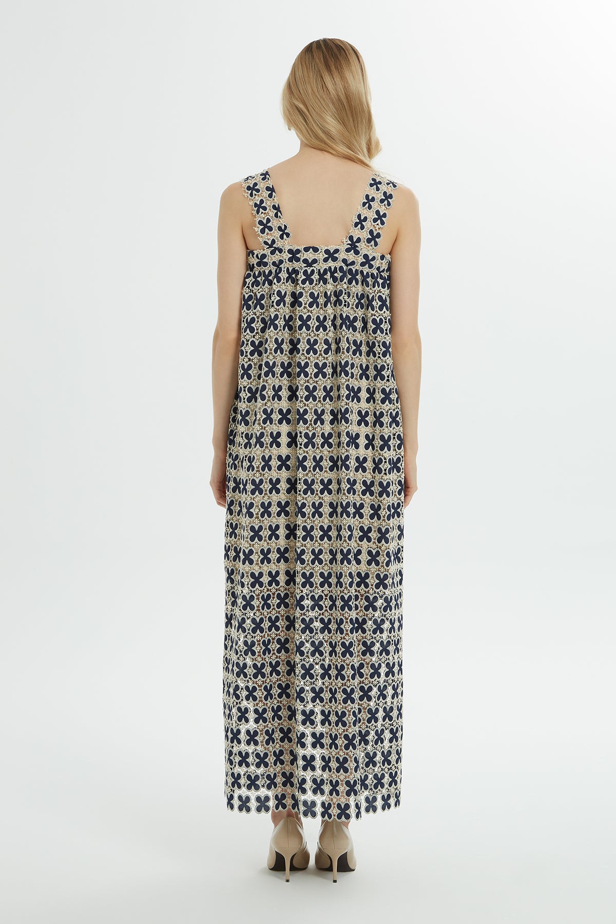 Kalın Askılı Desenli Uzun Elbise