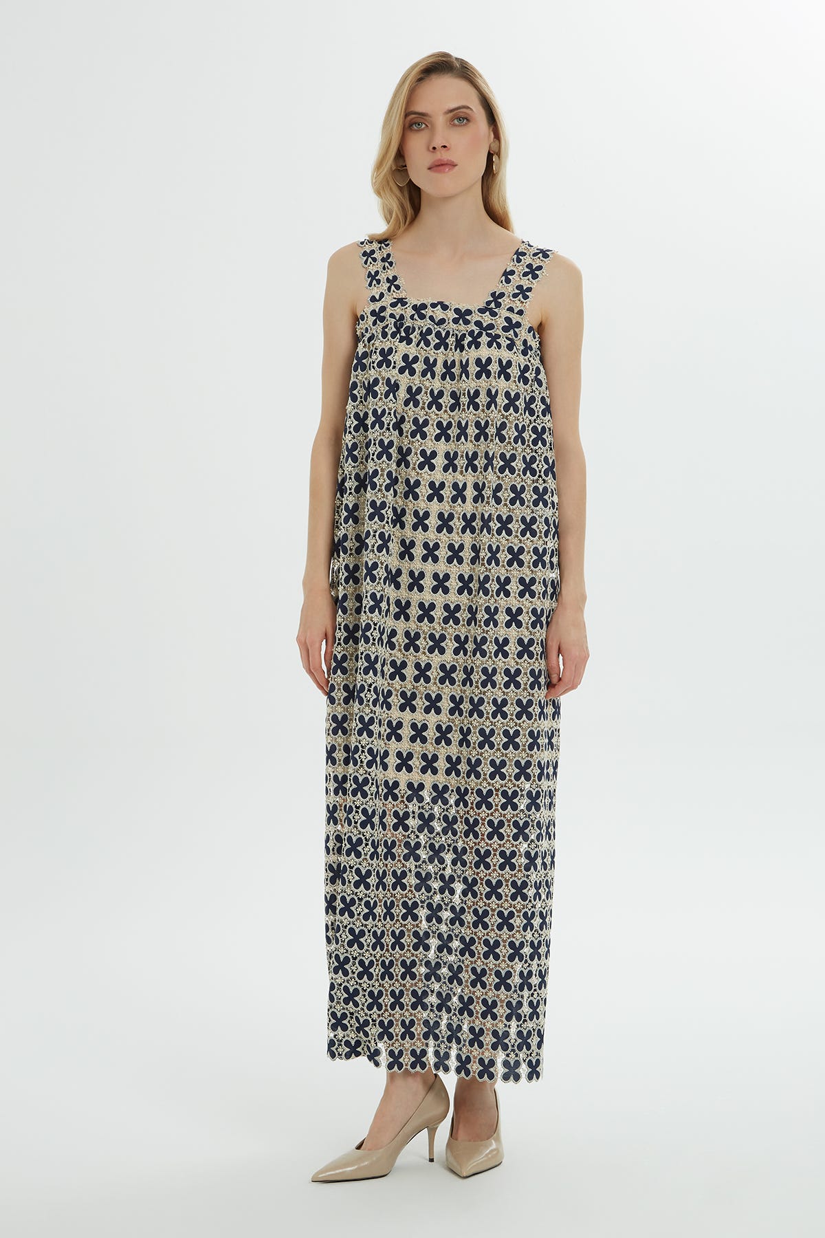 Kalın Askılı Desenli Uzun Elbise