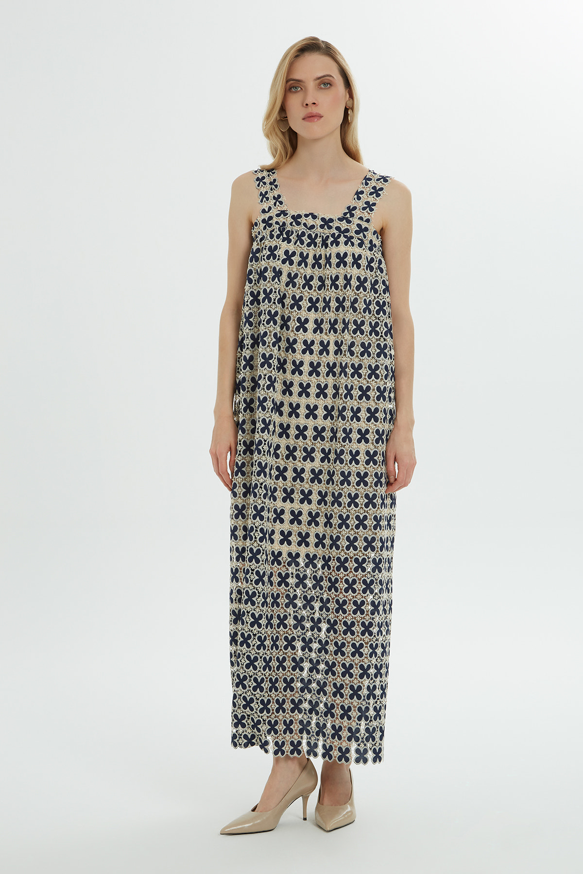 Kalın Askılı Desenli Uzun Elbise