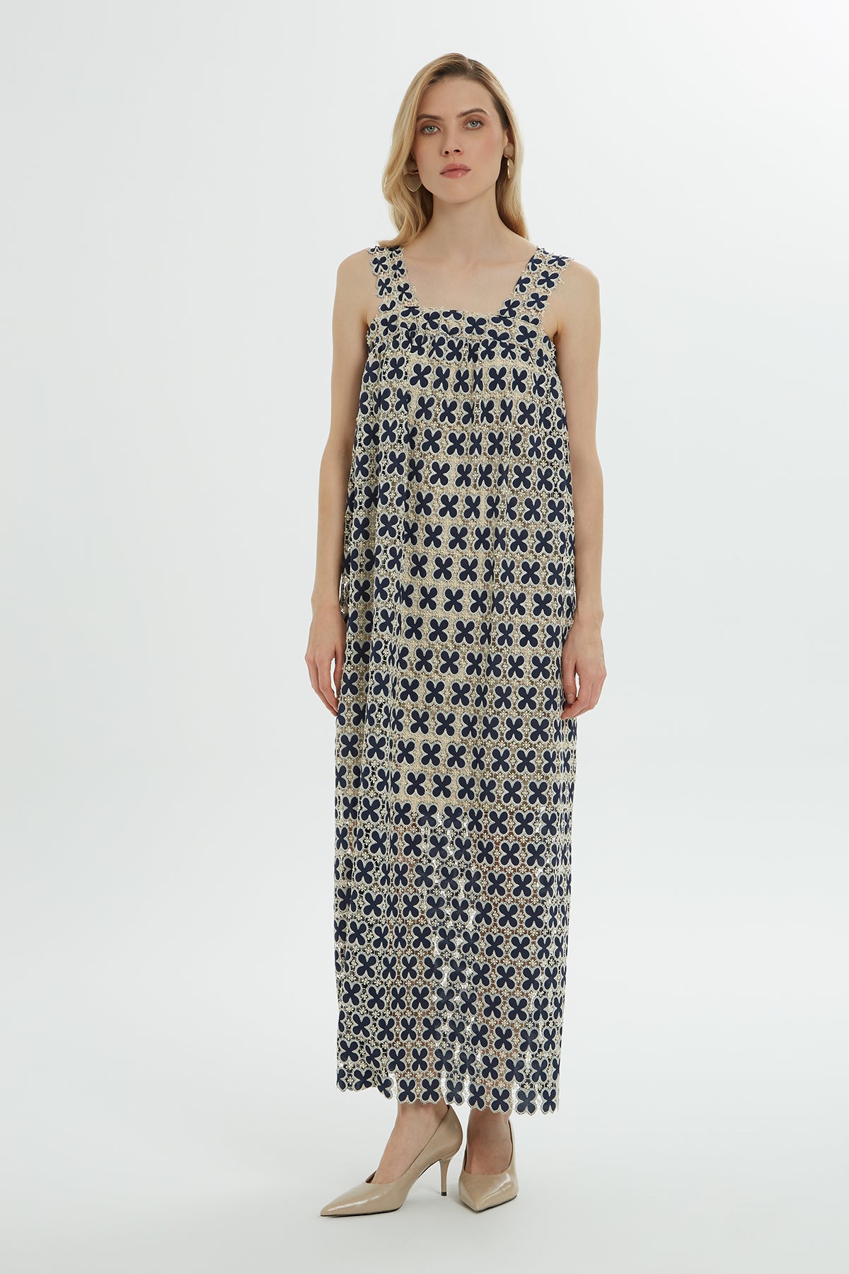 Kalın Askılı Desenli Uzun Elbise