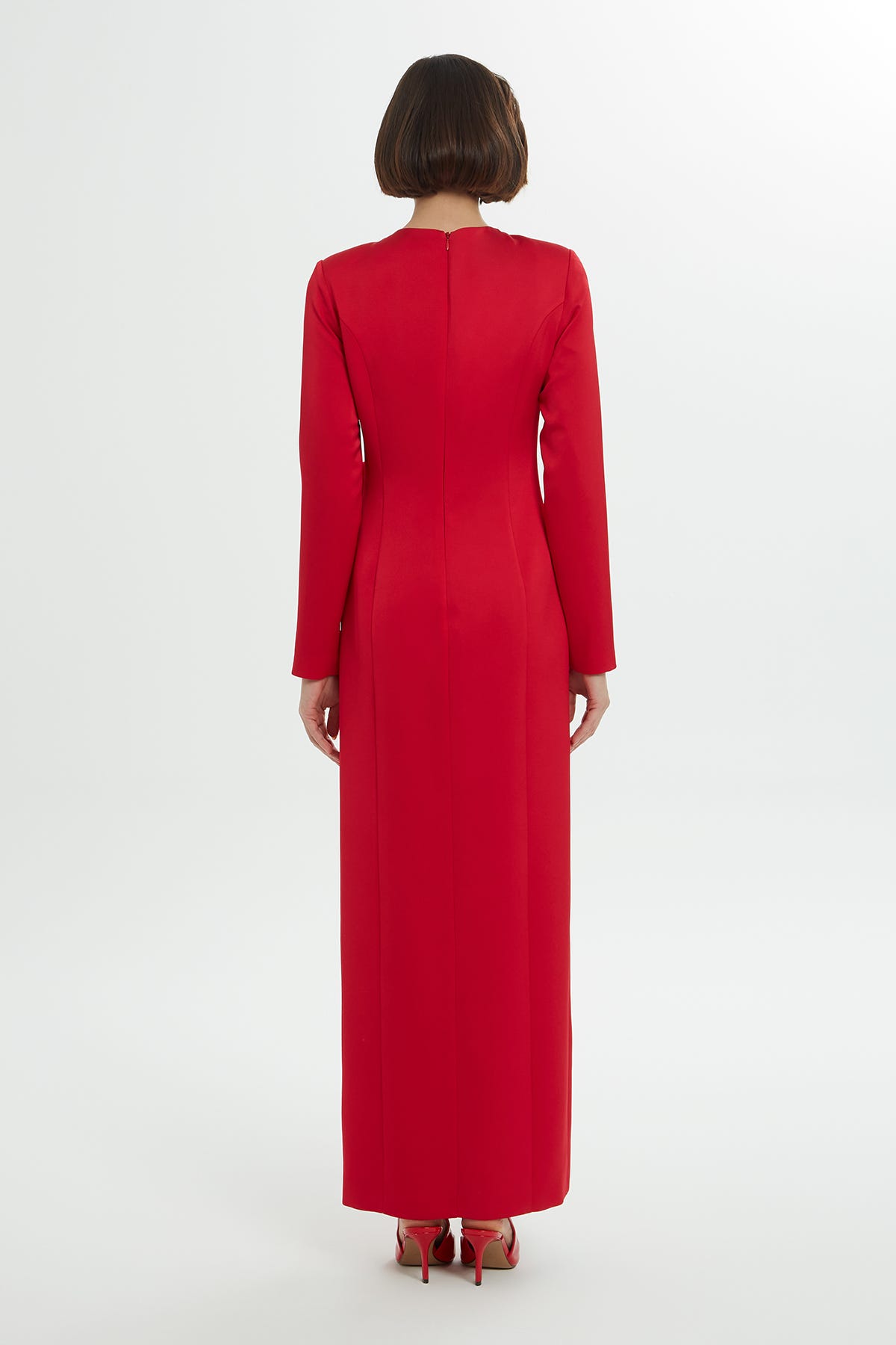 Kemer Kısmı Gül Detaylı Yırtmaçlı Uzun Kollu Elbise