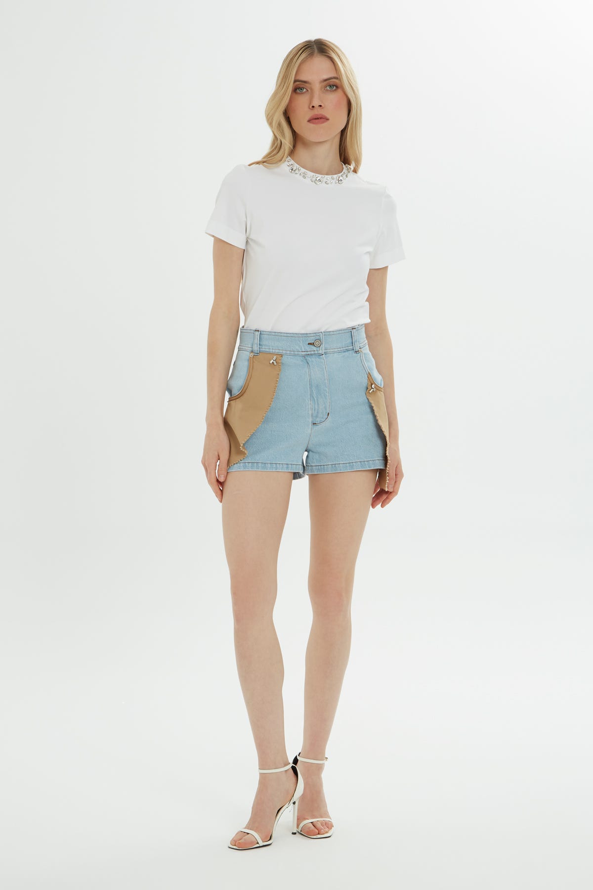 Çift Renkli Mini Jean Şort