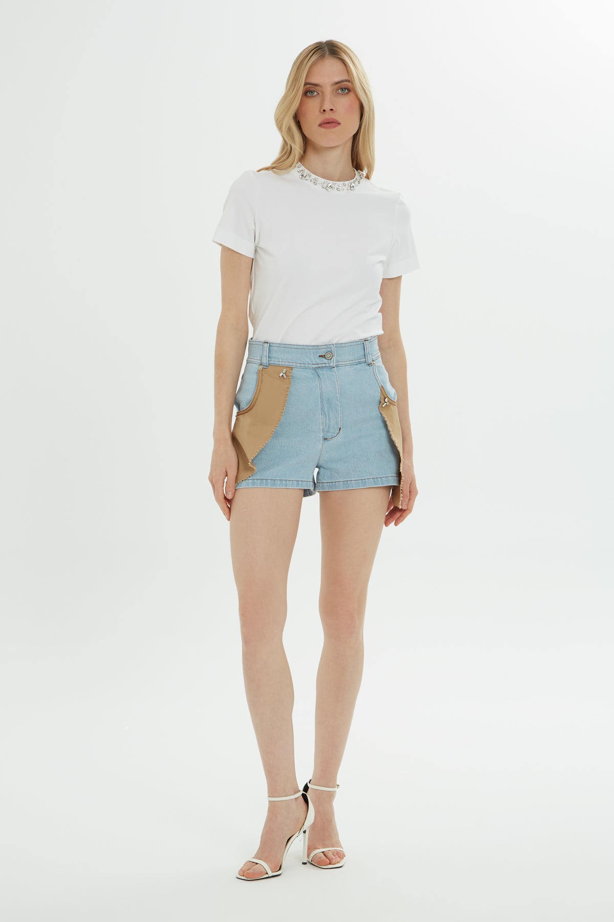 Çift Renkli Mini Jean Şort