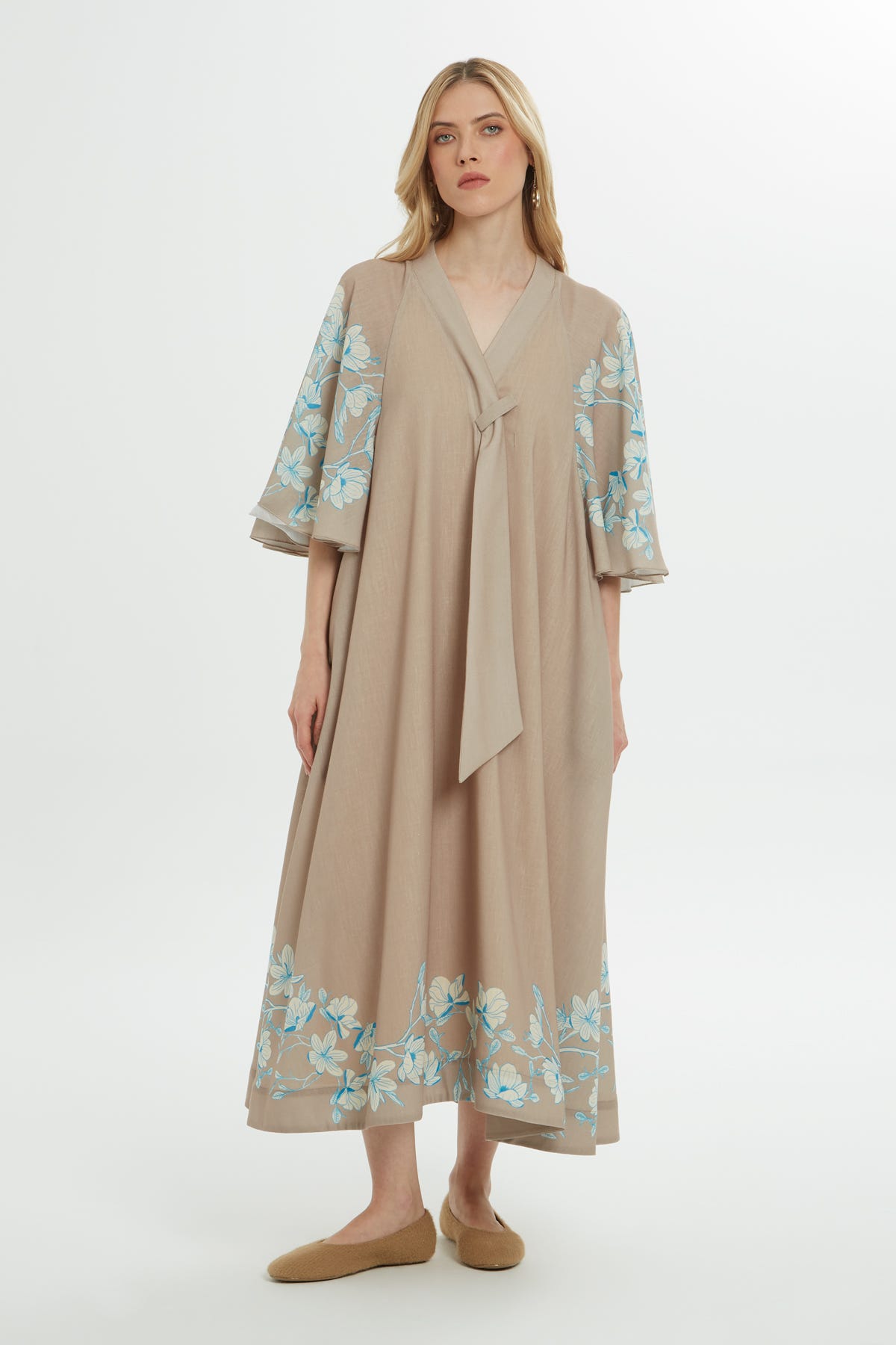 V Yakalı Baskılı Midi Elbise