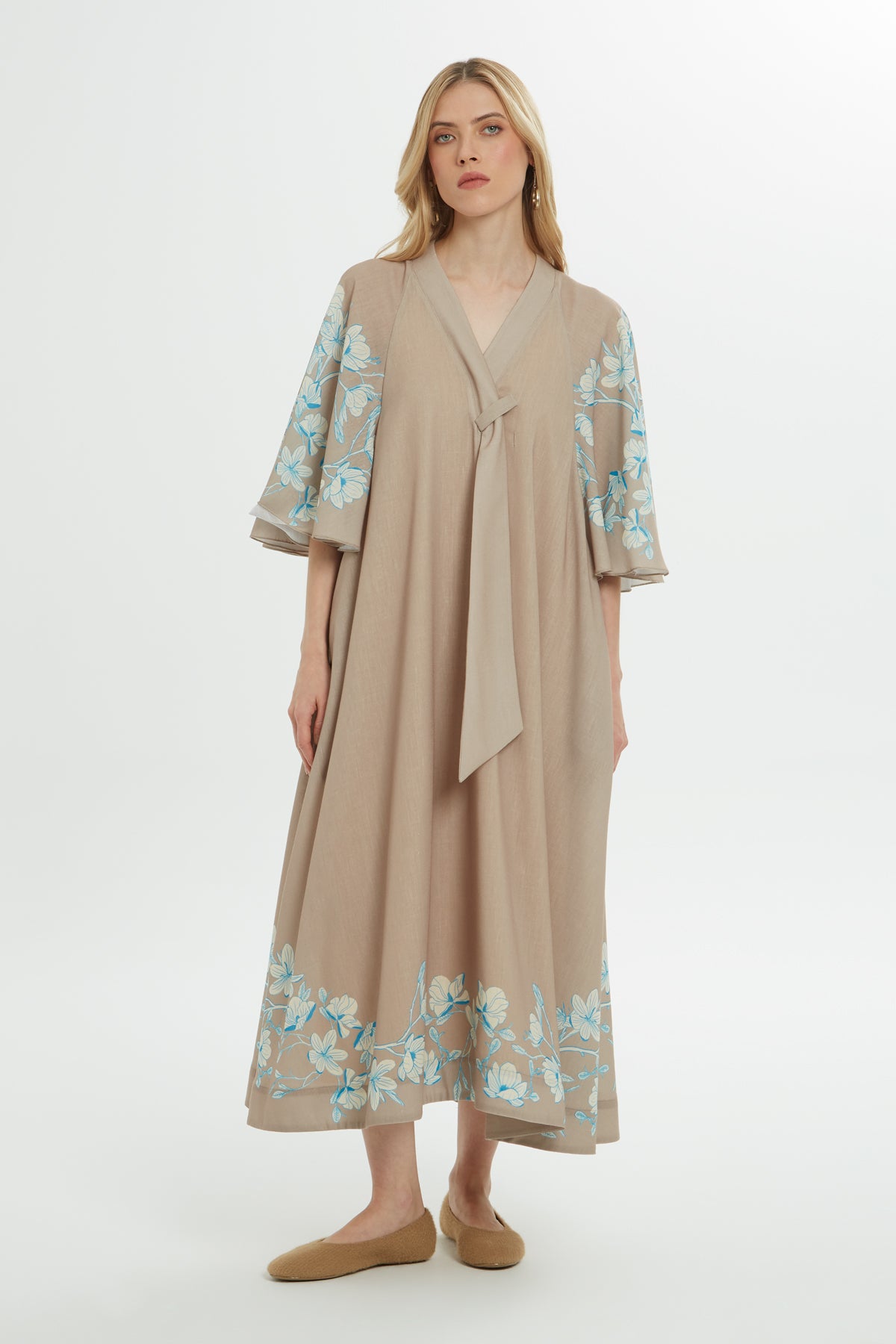 V Yakalı Baskılı Uzun Elbise