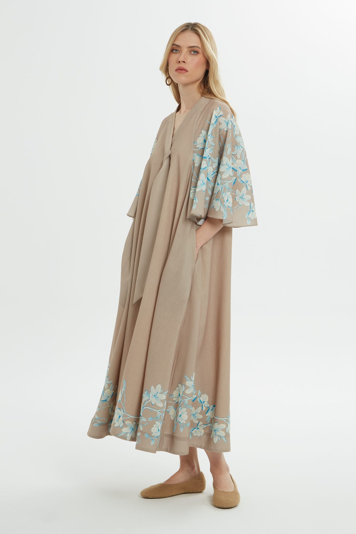 V Yakalı Baskılı Midi Elbise