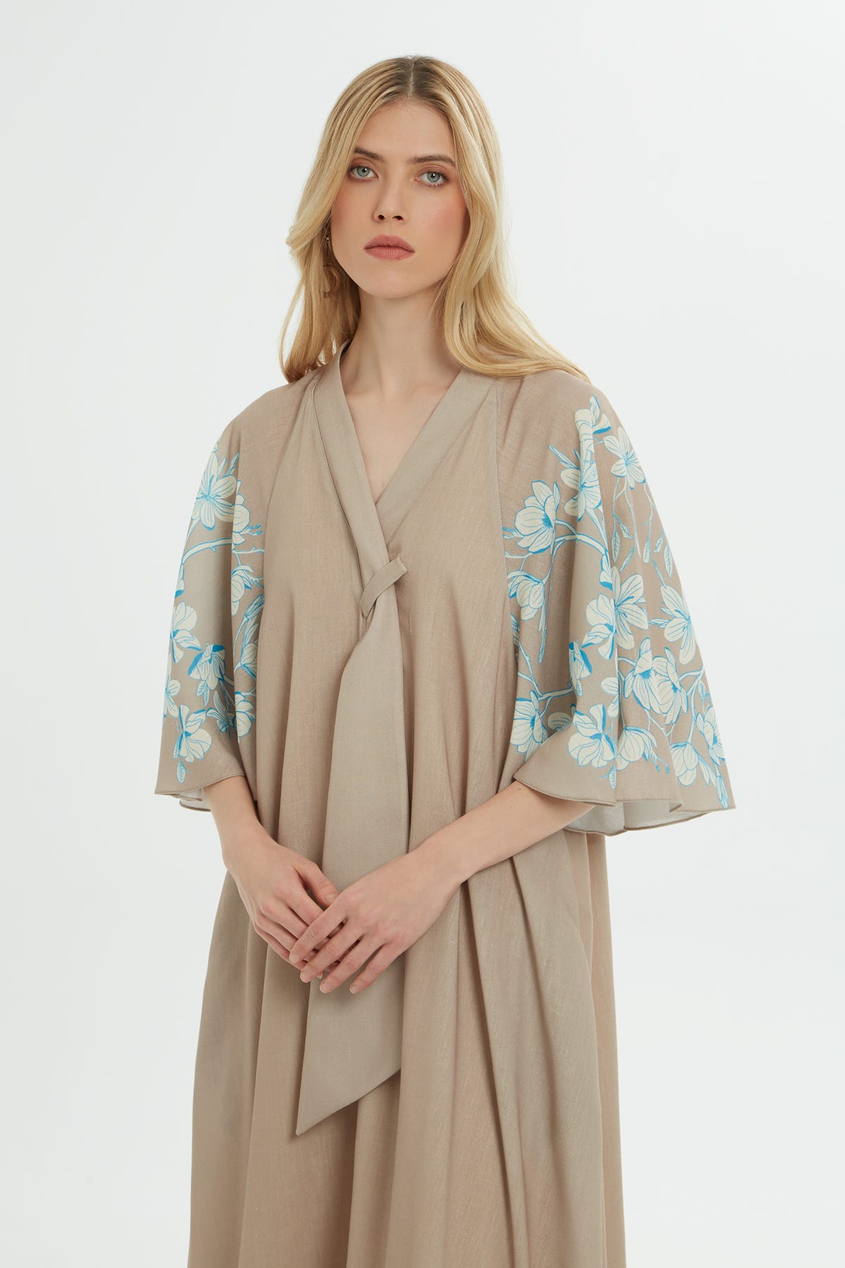 V Yakalı Baskılı Midi Elbise