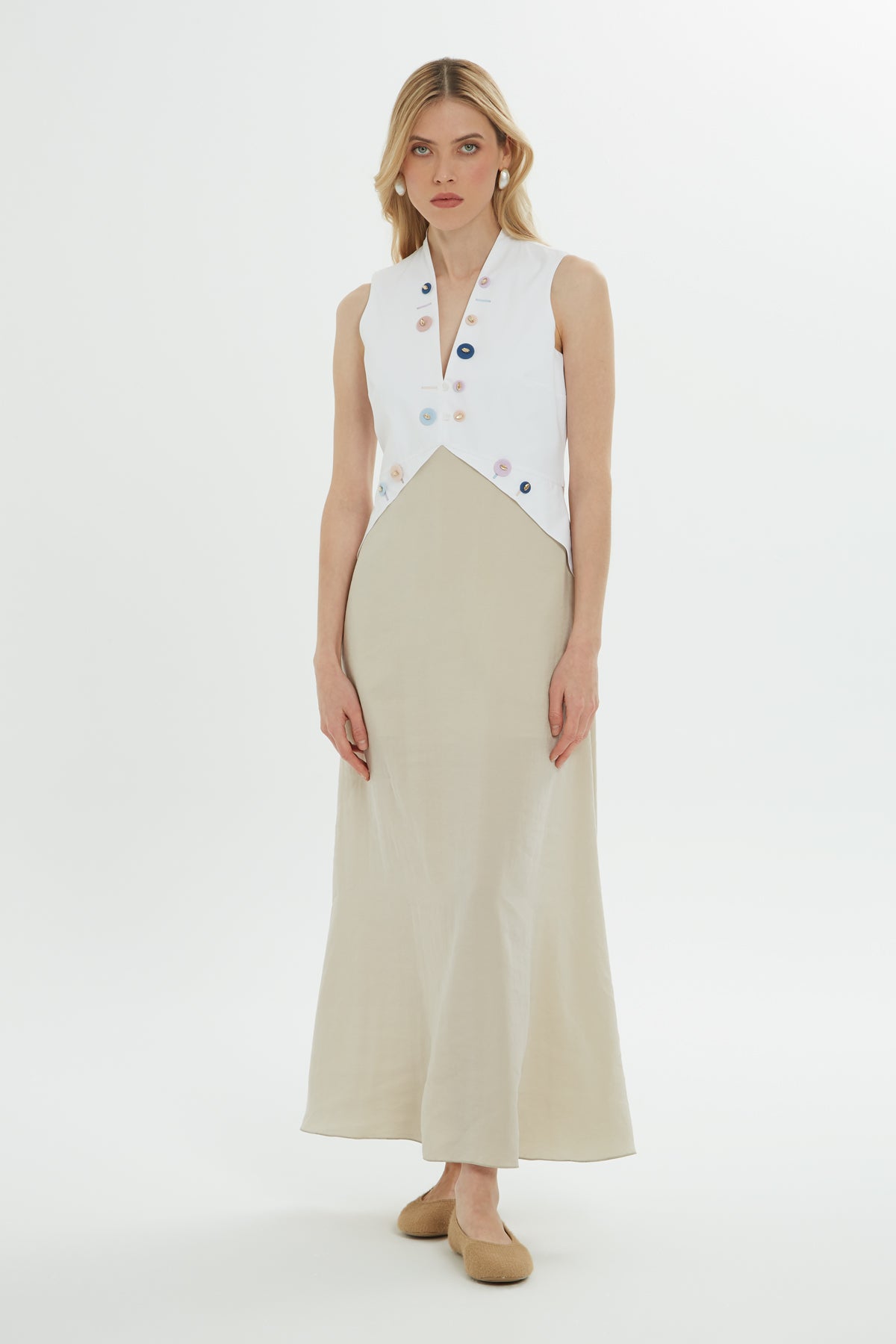 V Yakalı Kolsuz Çift Renk Midi Elbise